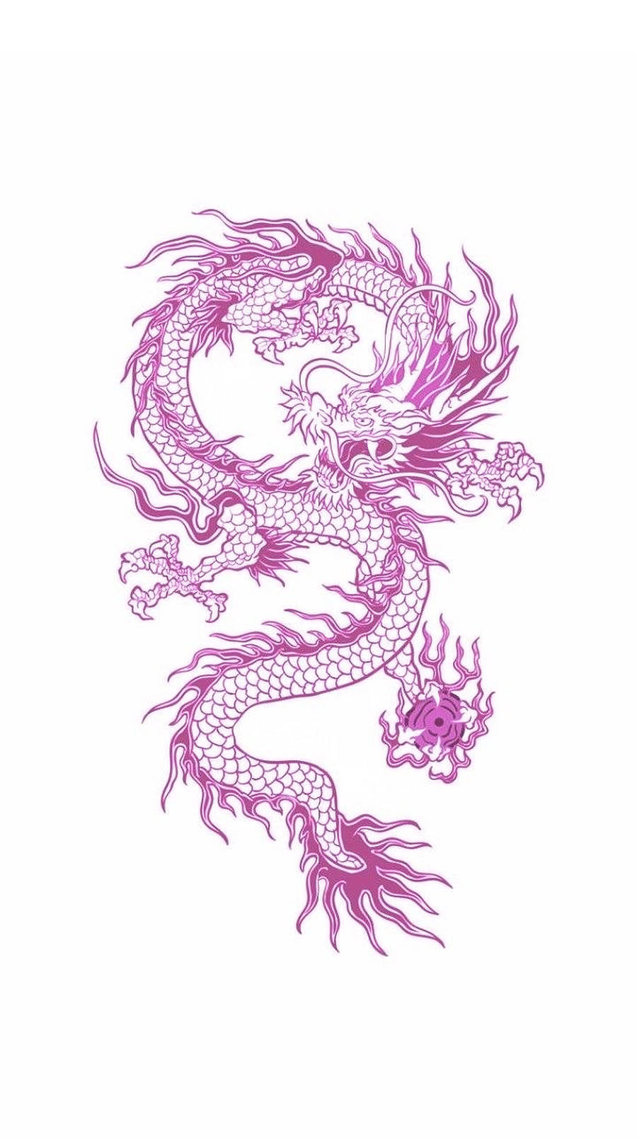 Japanese Dragon Tattoo 桌布 壁紙 — 一隻充滿活力的紫色龍，帶有複雜的鱗片和流動的鬃毛，在純白色背景上動態盤繞。