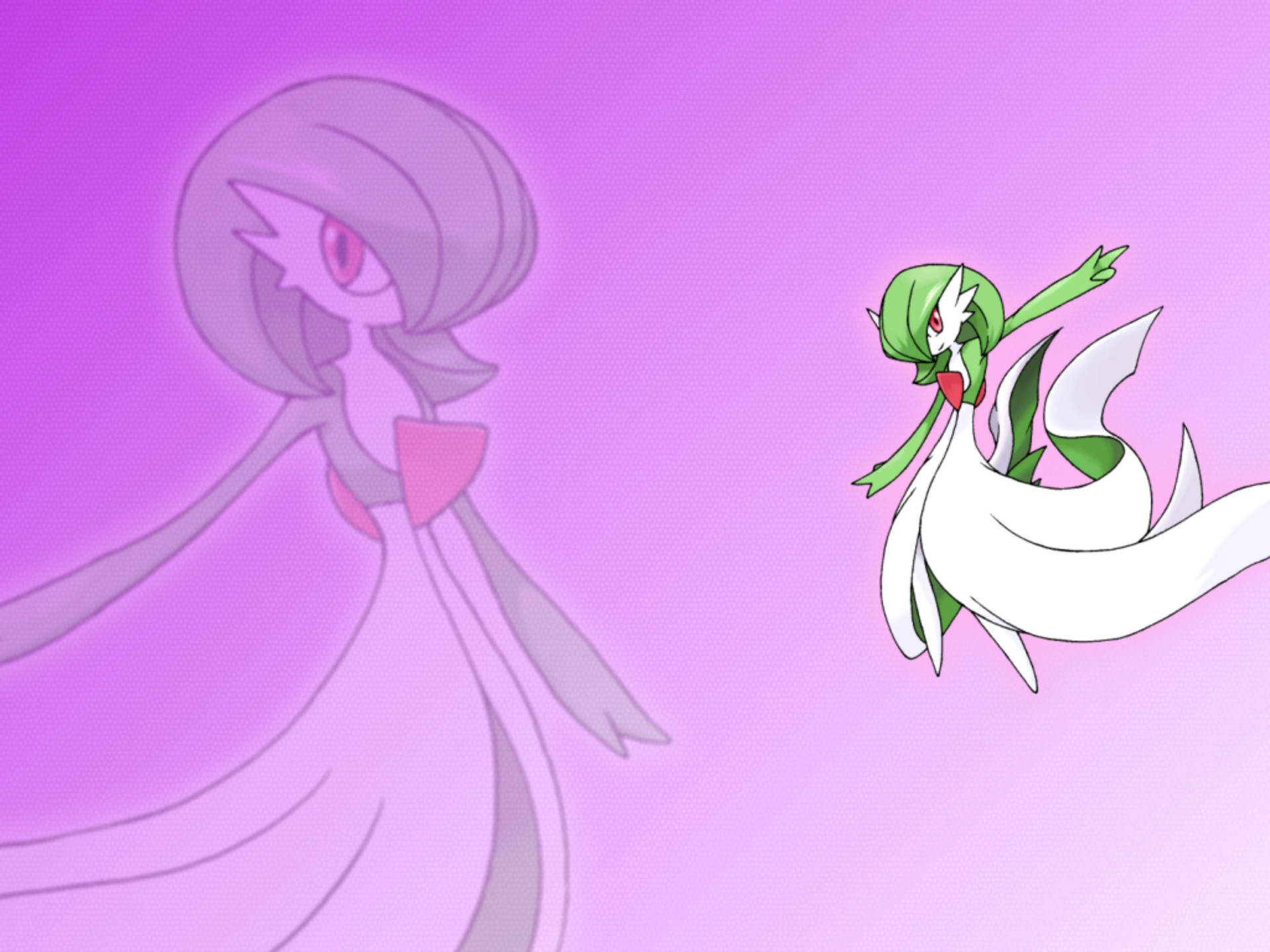 Gardevoir 桌布 壁紙 — 一隻充滿活力的綠色和白色動漫風格寶可夢在柔和的紫色漸變背景上動態滑行，身後有一個半透明的幽靈般身影。