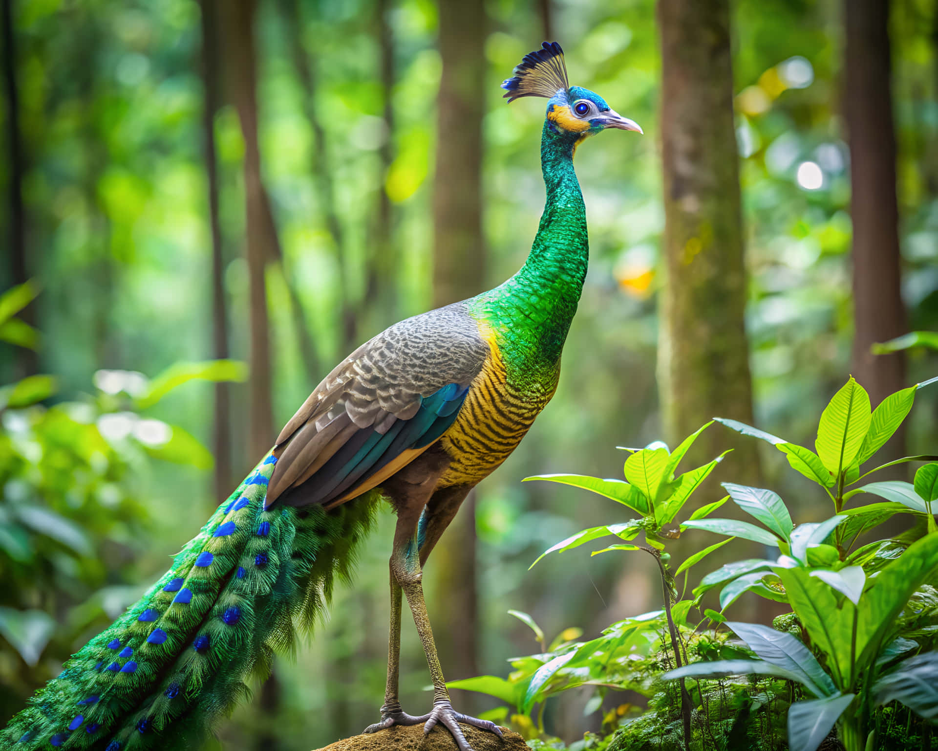 Peacock in nature 壁紙 — 一隻充滿活力的綠色孔雀在陽光明媚的叢林中警覺地站立，周圍是茂密的樹葉和斑駁的光線。
