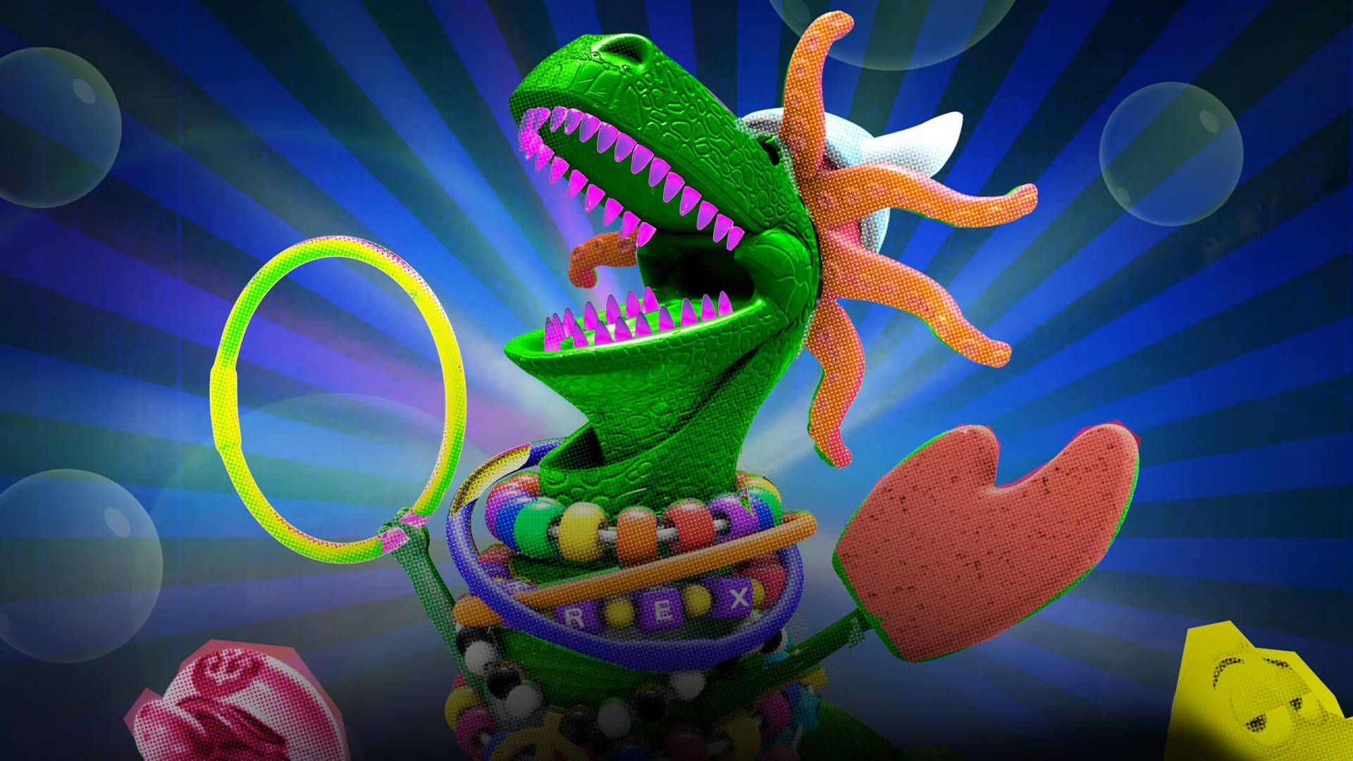 rex 桌布 壁紙 — 一隻充滿活力的綠色恐龍，戴著海星頭飾和彩色珠子，在閃爍的藍色背景前拿著一個圈，背景中有漂浮的泡泡。