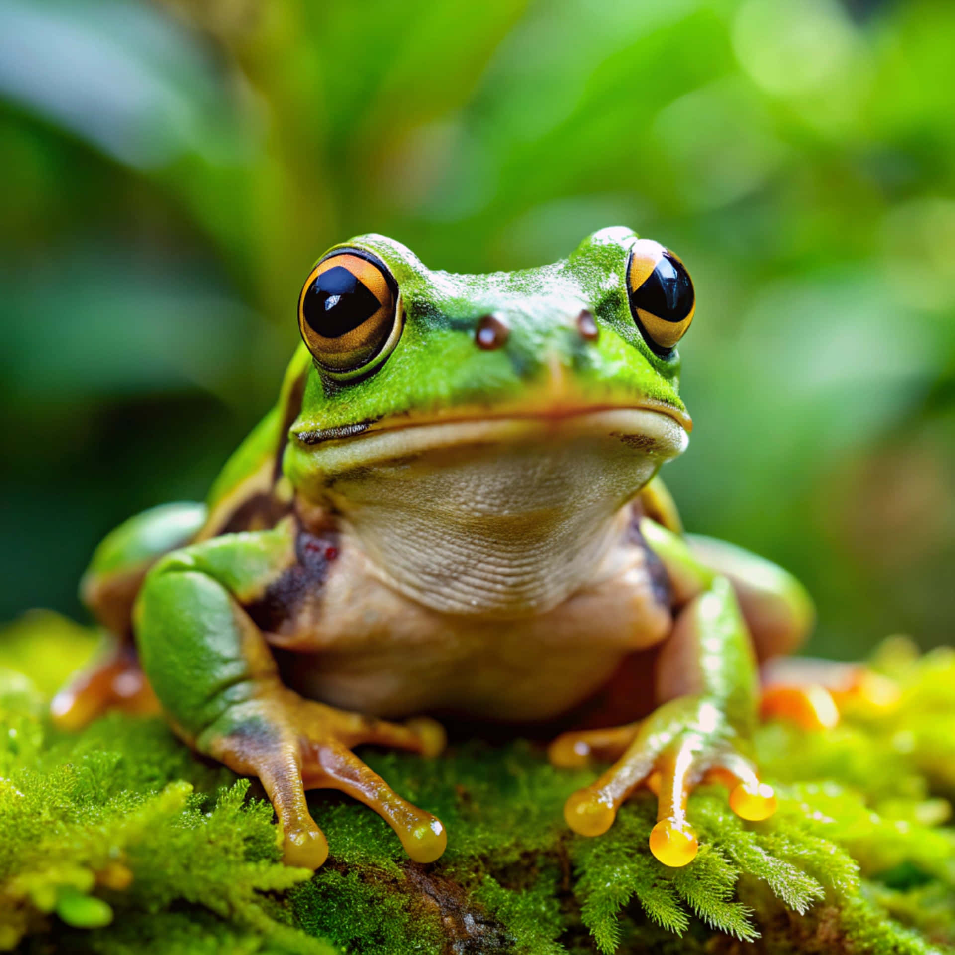 Cute frog 壁紙 — 一隻充滿活力的綠色樹蛙，擁有引人注目的橙色眼睛，棲息在陽光明媚的森林中茂密的苔蘚上。