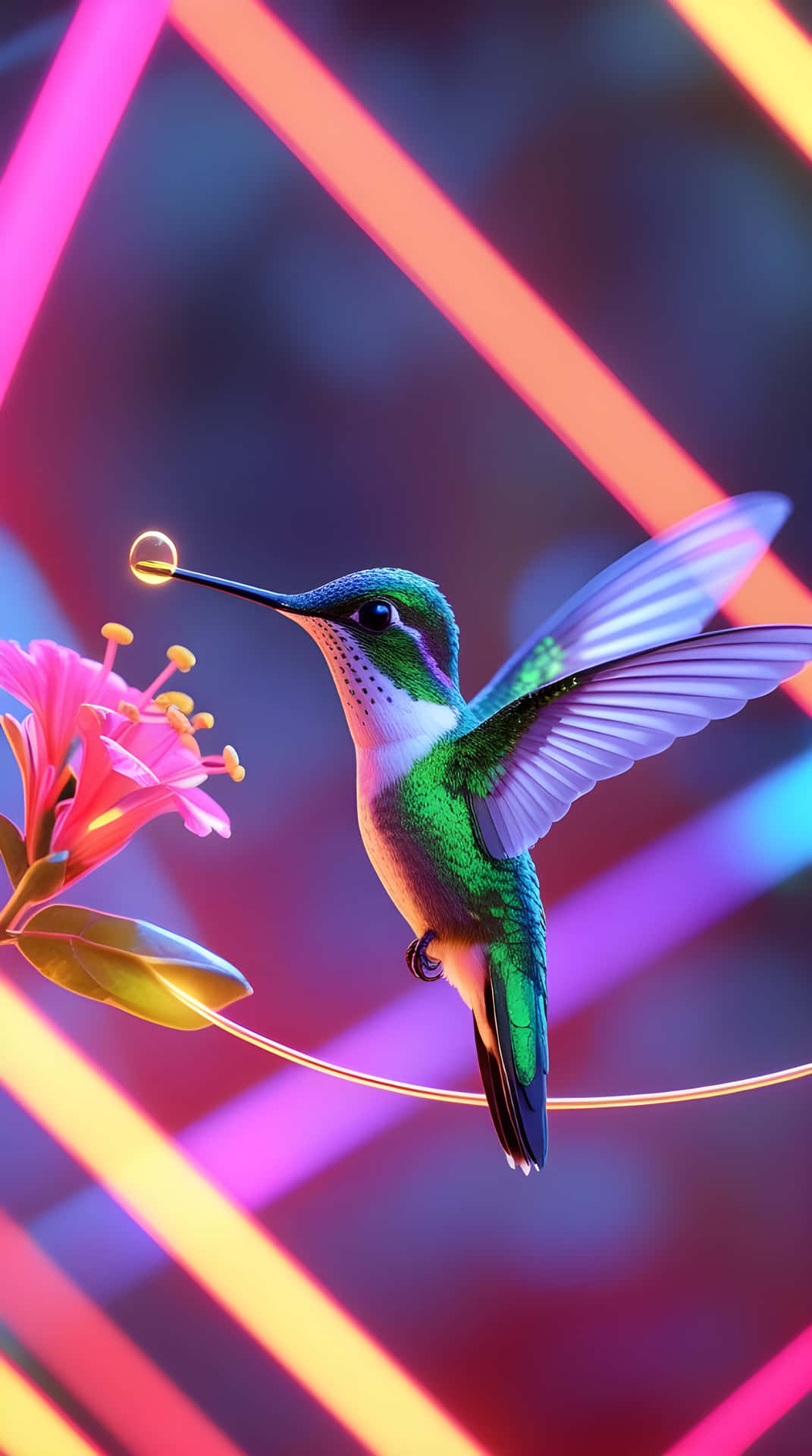 A cute hummingbirds flying wallpaper 壁紙 — 一隻充滿活力的綠色蜂鳥在發光的霓虹網格背景前徘徊在粉紅色花朵附近。