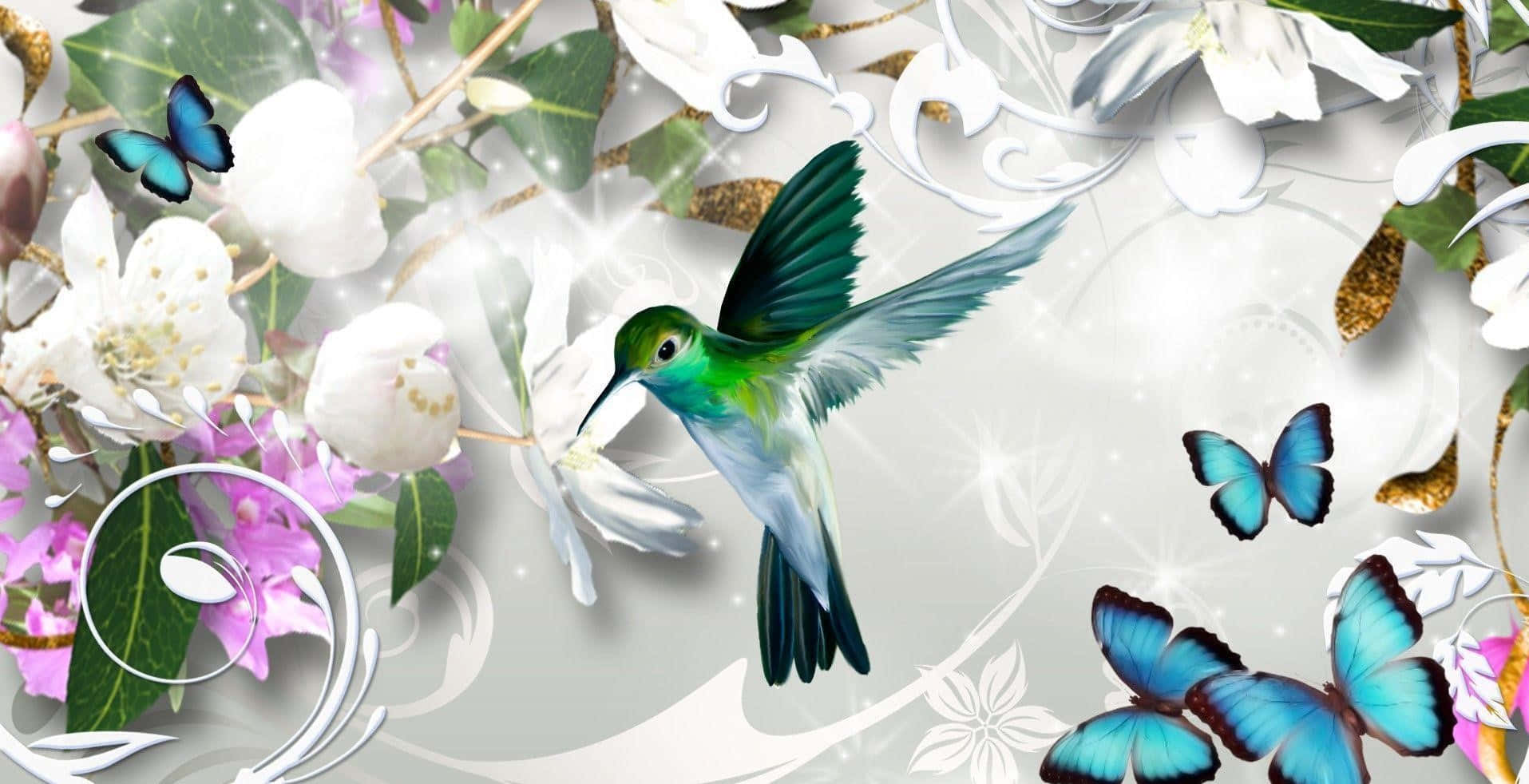 蜂鳥 桌布 壁紙 — 一隻充滿活力的綠色蜂鳥在白色和紫色的花朵、藍色蝴蝶和閃爍的光效中盤旋。