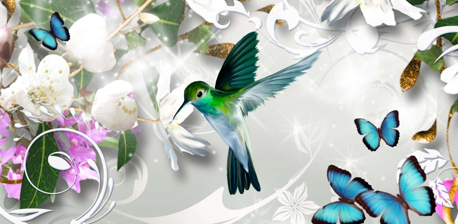 蜂鳥 桌布 壁紙 — 一隻充滿活力的綠色蜂鳥在白色和紫色的花朵、藍色蝴蝶和閃閃發光的亮片點綴中盤旋。