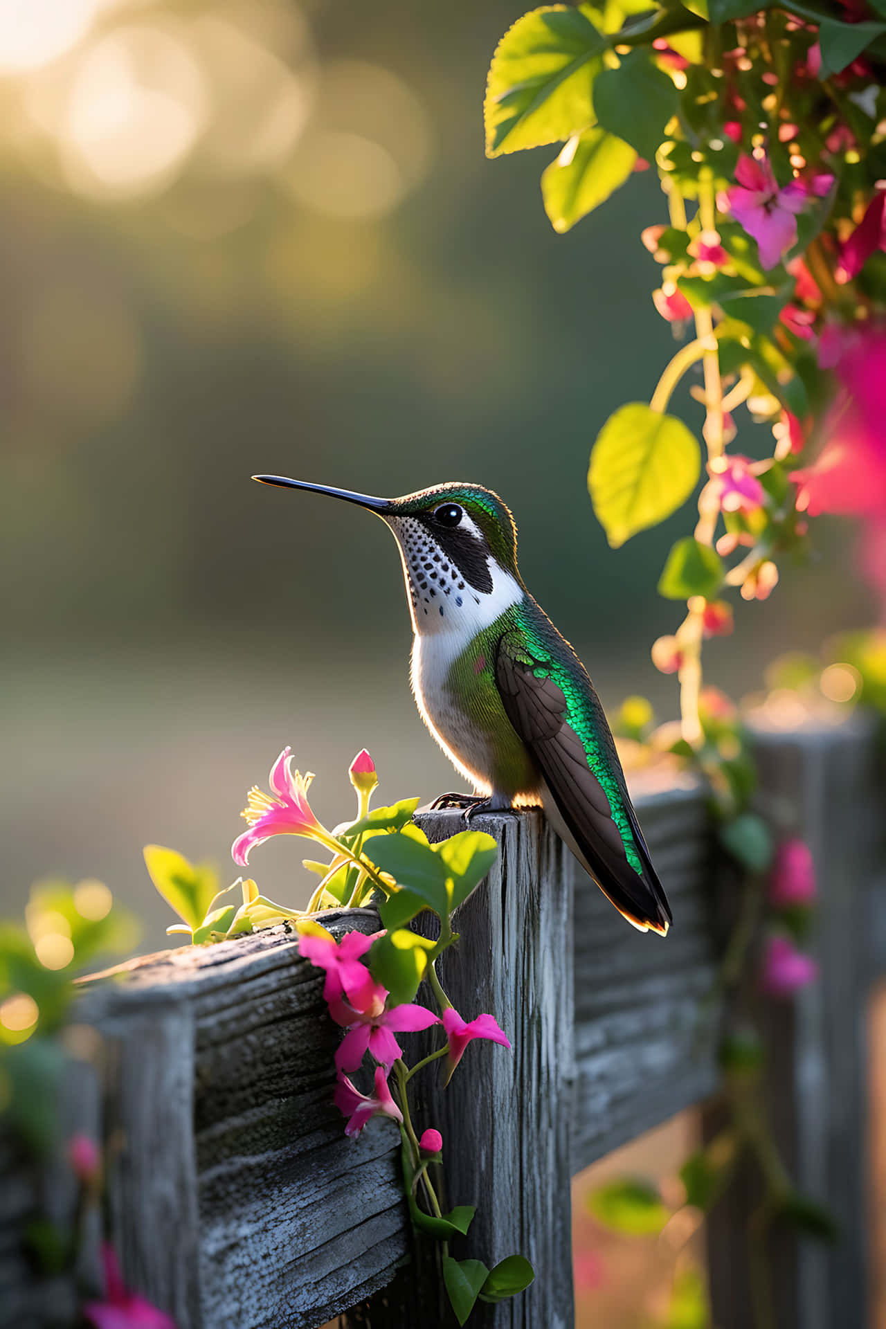 Hummingbird perched on wooden fence 壁紙 — 一隻充滿活力的綠色蜂鳥棲息在一個風化的木柵欄上，柵欄上點綴著粉紅色的花朵和茂盛的綠葉，沐浴在金色的陽光下。