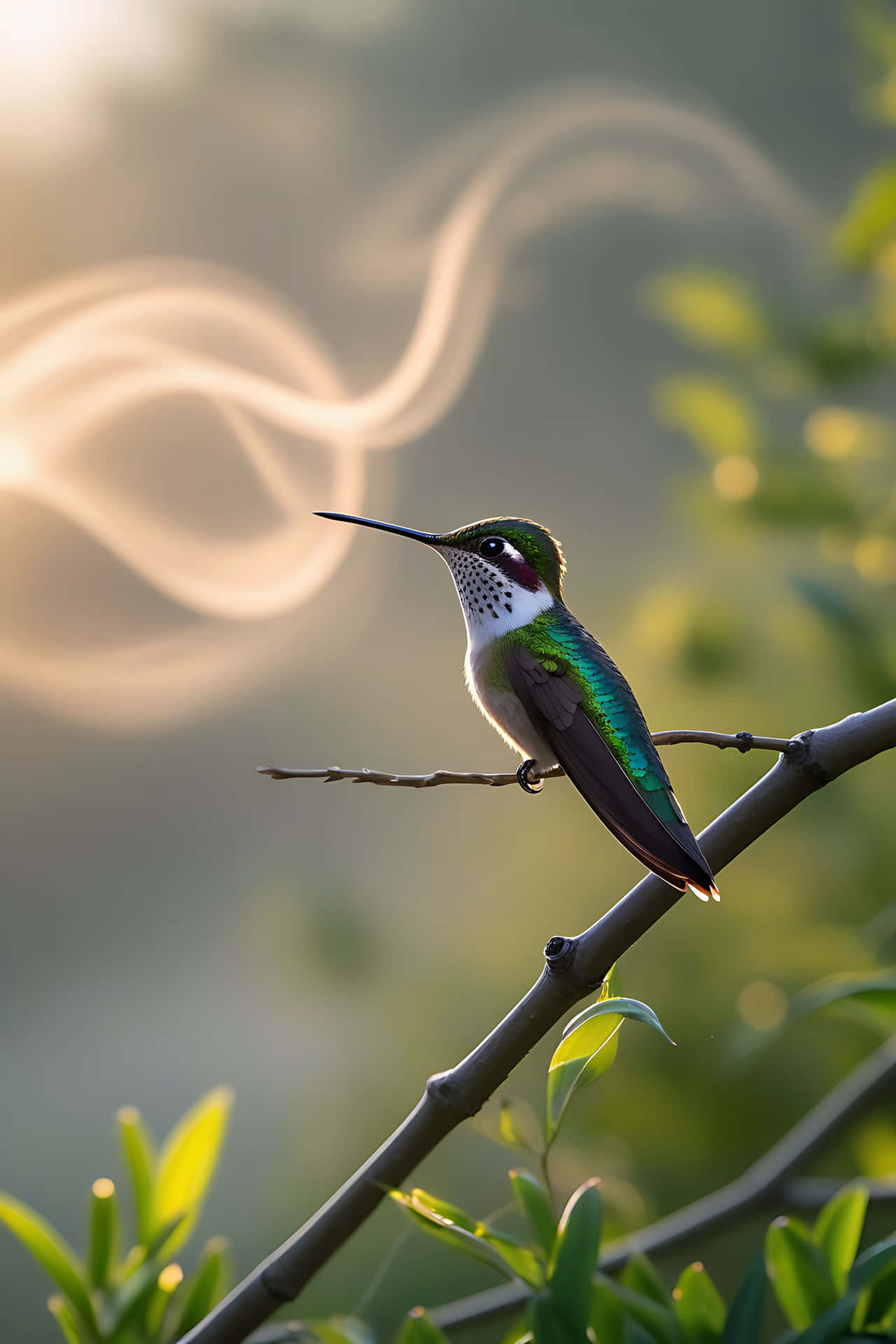Hummingbird perched on branch 壁紙 — 一隻充滿活力的綠色蜂鳥棲息在樹枝上，背景是柔和發光、帶有漩渦光紋的圖案。