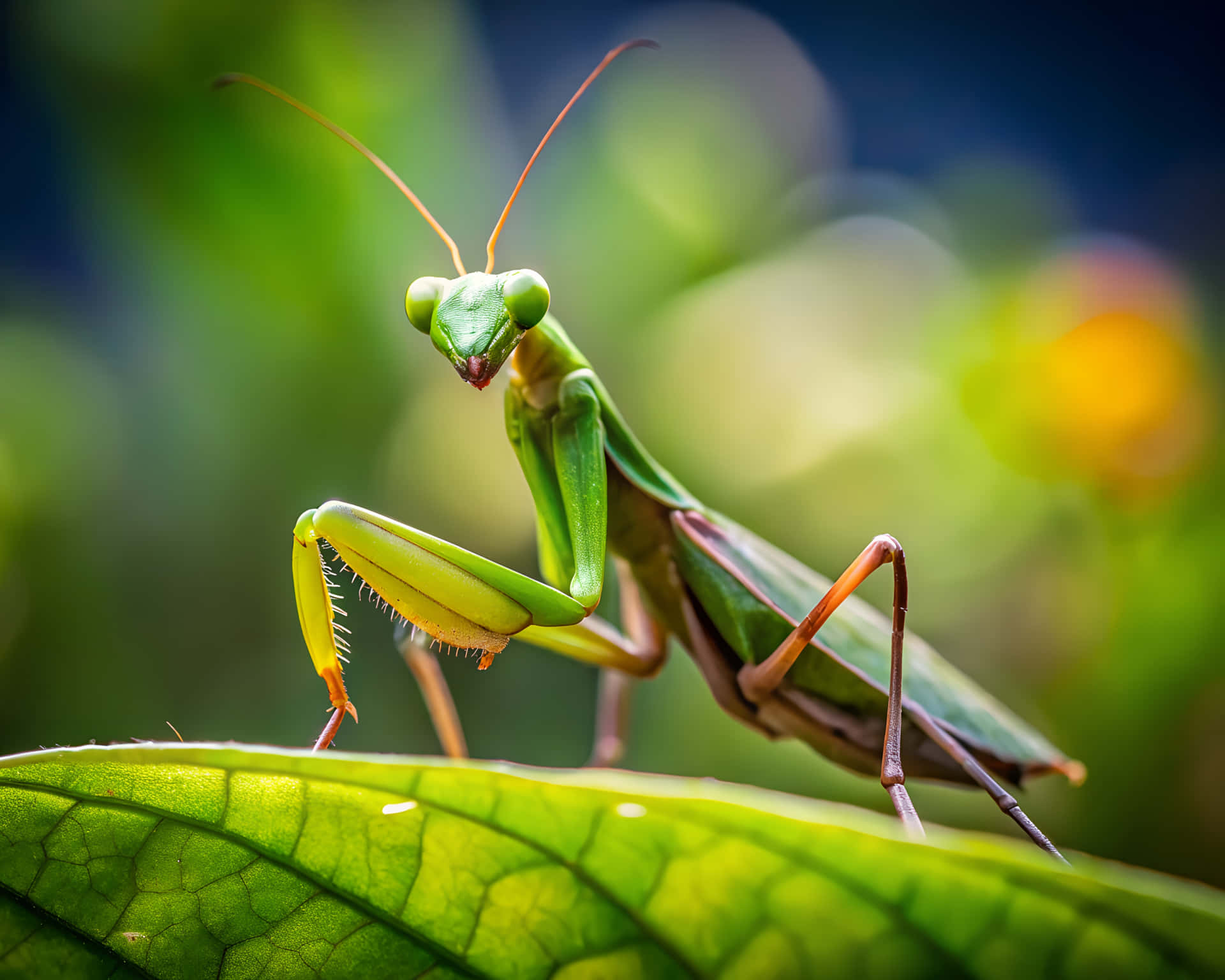 Praying mantis close-up 壁紙 — 一隻充滿活力的綠色螳螂警覺地棲息在陽光照射的葉子上，背景是柔和模糊的花園。
