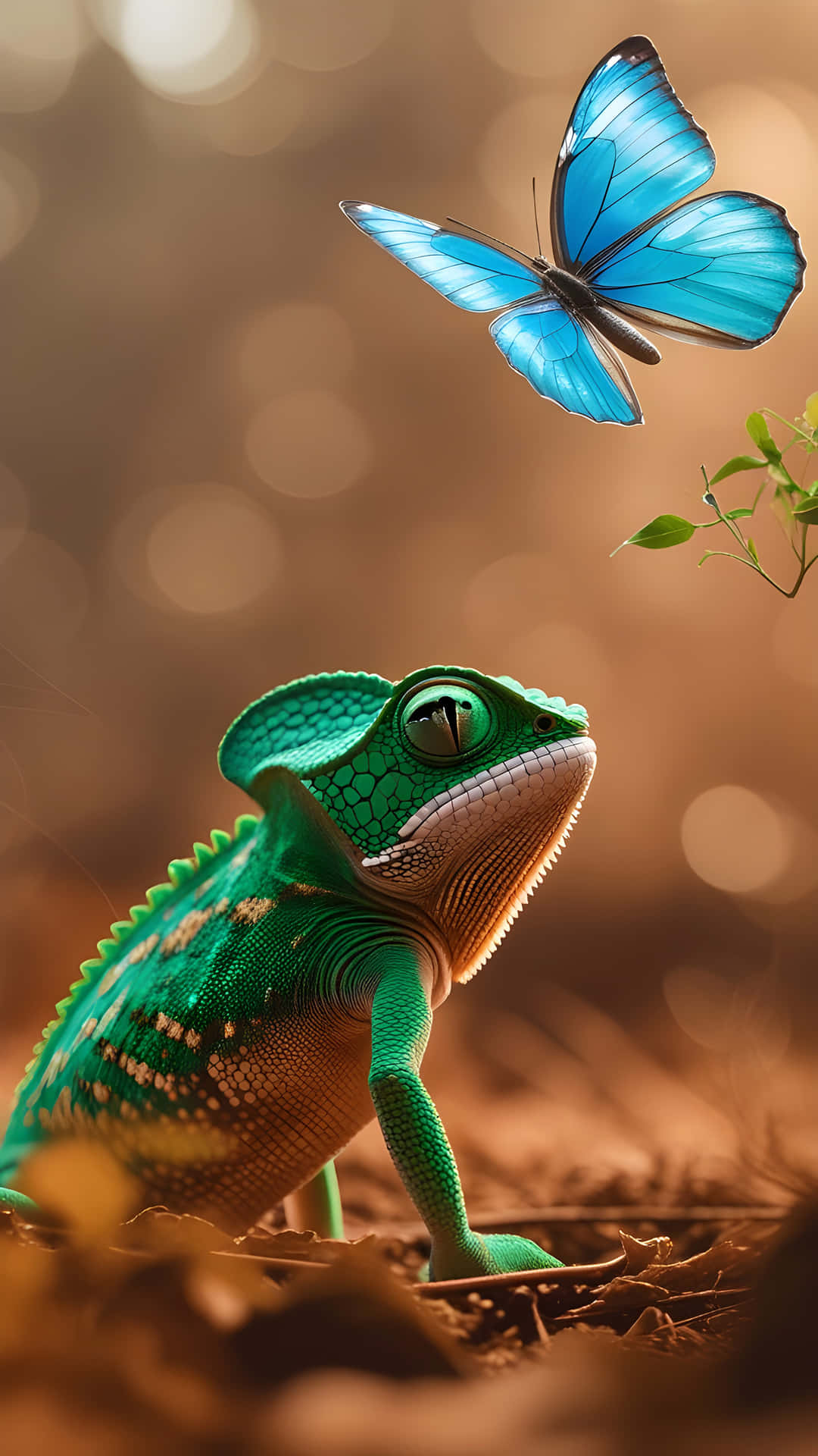 Chameleon and Butterfly in Dreamy Forest Light 壁紙 — 一隻充滿活力的綠色變色龍，皮膚有紋理，抬頭看著一隻引人注目的藍色蝴蝶，在溫暖的散景背景下，在樹葉附近盤旋。