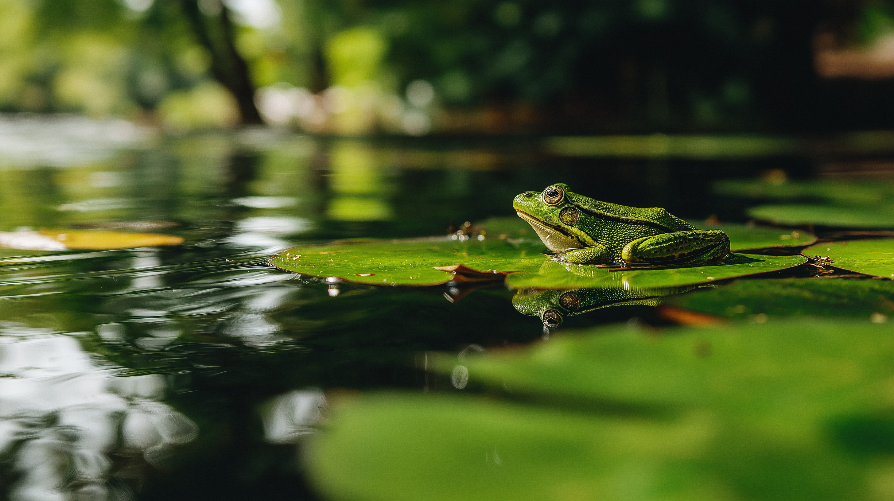 Lily Pad 桌布 壁紙 — 一隻充滿活力的綠色青蛙警覺地棲息在睡蓮葉上，它的倒影在平靜的池塘水中閃爍，周圍環繞著茂密的樹葉。
