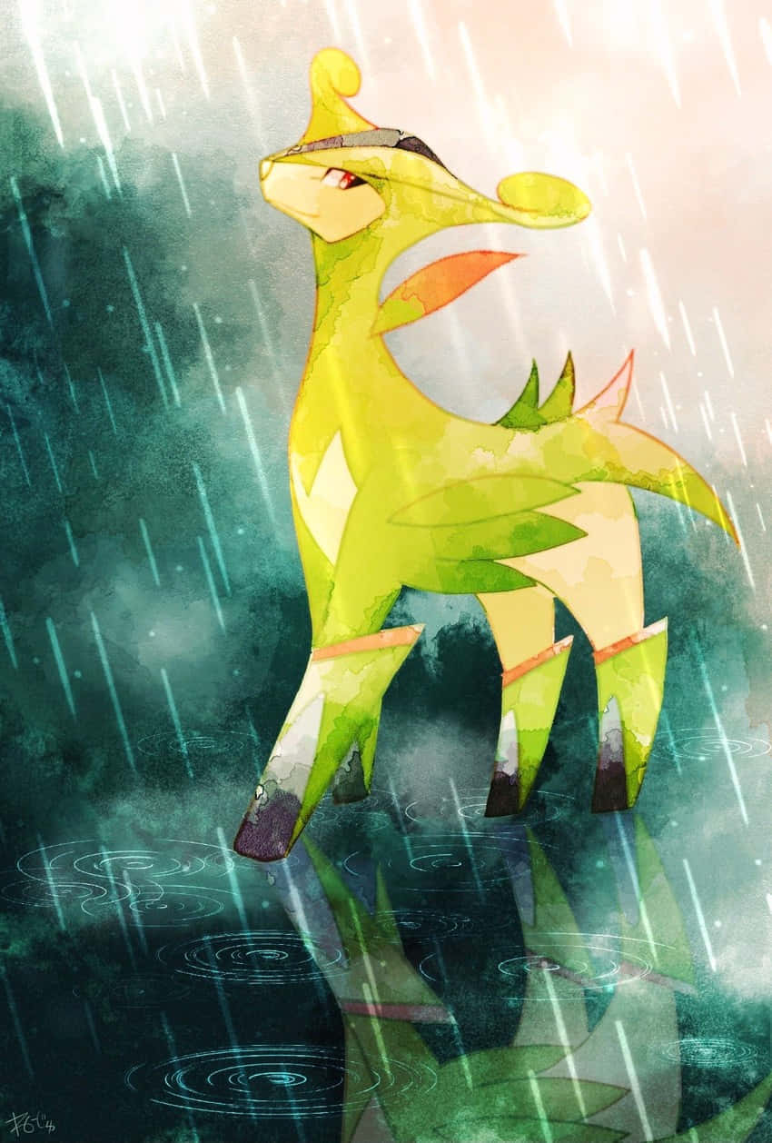 手機 桌布 壁紙 — 一隻充滿活力的綠色鹿狀寶可夢在雨中平靜地站立，濕漉漉的地面上泛起漣漪，天空柔和發光。