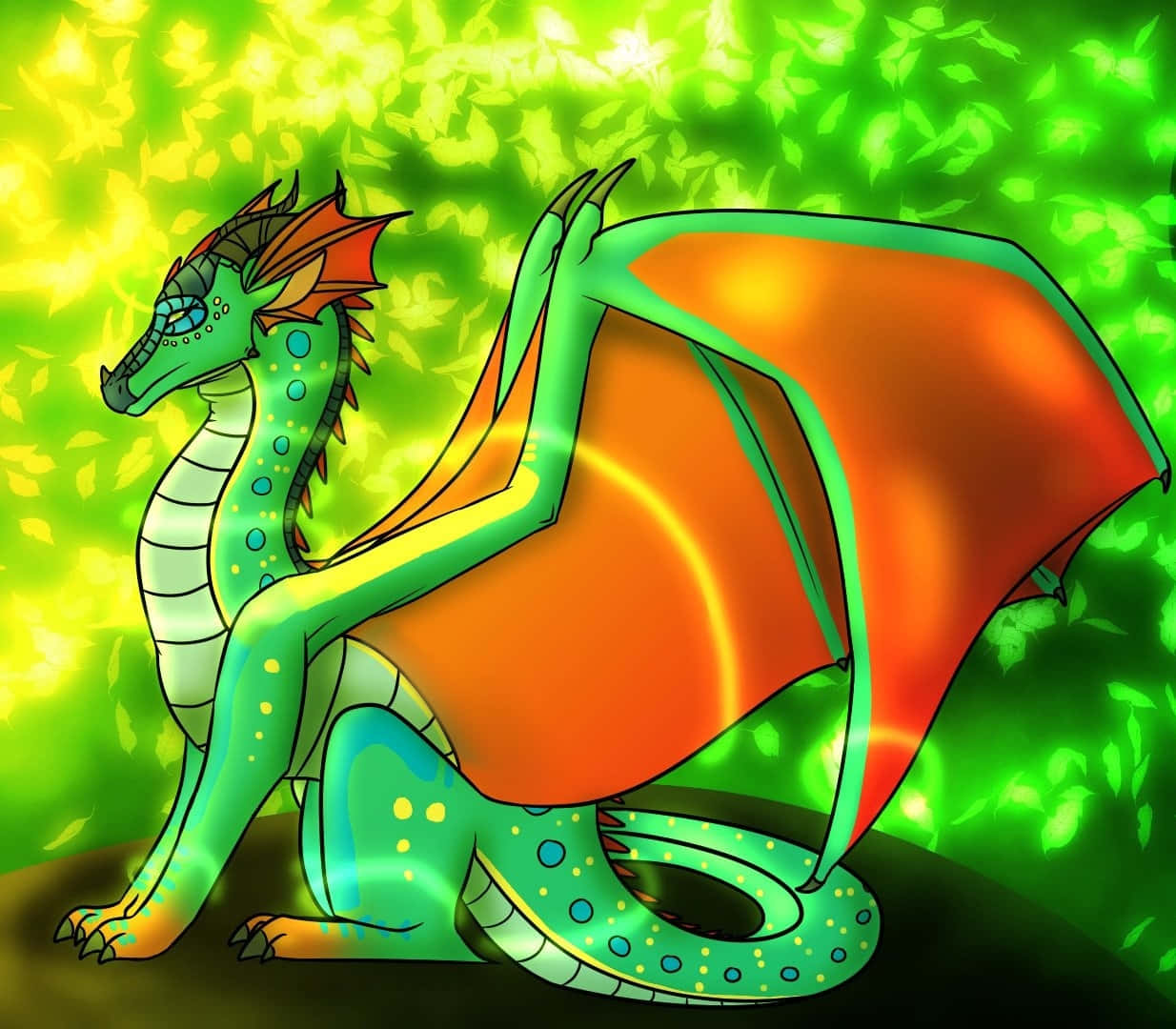Wings Of Fire 桌布 壁紙 — 一隻充滿活力的綠色龍，帶有橙色翅膀，在發光的葉子背景中蓄勢待發。