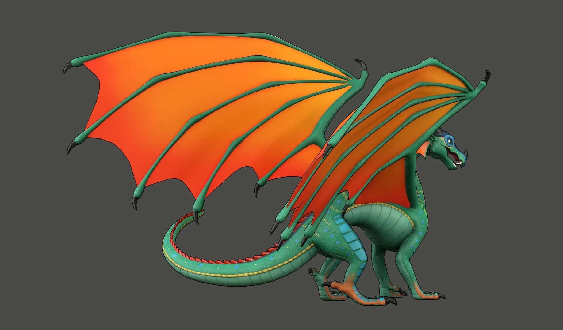 Wings Of Fire 桌布 壁紙 — 一隻充滿活力的綠色龍，帶有火熱的橙色翅膀，在純灰色背景上擺好姿勢。
