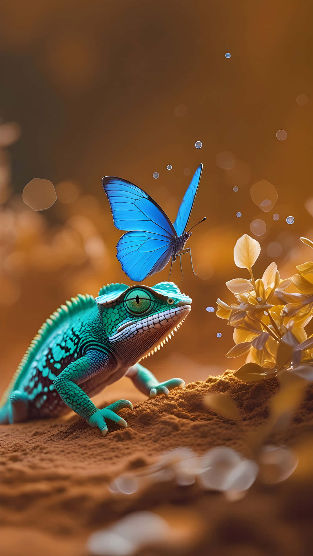 Chameleon and Butterfly in Dreamy Forest Light 壁紙 — 一隻充滿活力的藍綠色變色龍，帶有複雜的圖案，向上凝視，一隻發光的藍色蝴蝶在金色樹葉附近盤旋在它上方。