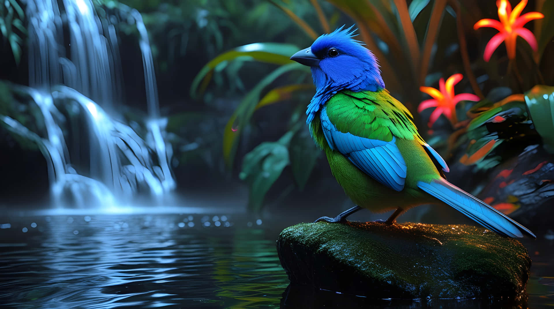 A beautiful bird wallpaper 壁紙 — 一隻充滿活力的藍綠色鳥棲息在長滿苔蘚的石頭上，旁邊是茂密叢林中發光的瀑布，周圍有橙色花朵。