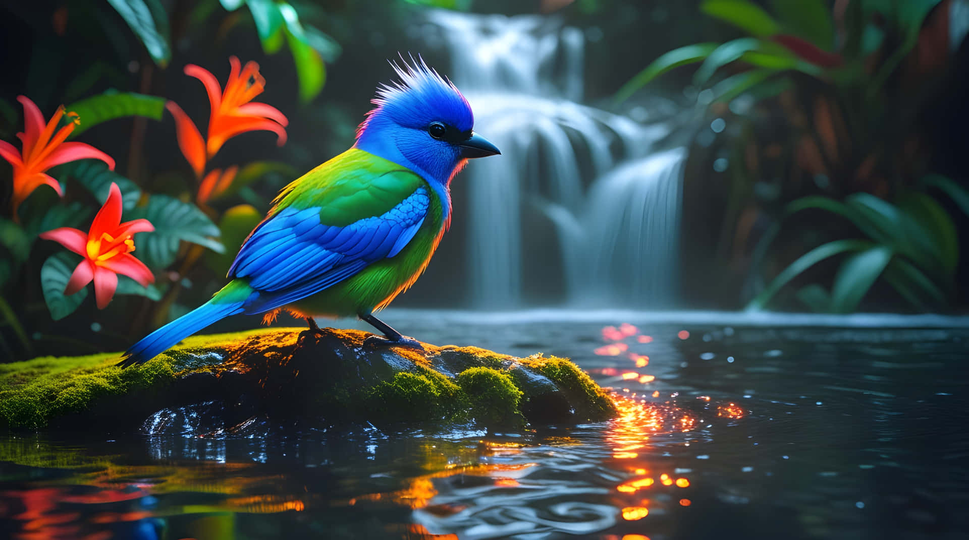 The amazing cute bird wallpaper 壁紙 — 一隻充滿活力的藍綠色鳥棲息在長滿苔蘚的石頭上，旁邊是發光的瀑布，周圍環繞著橙色花朵。