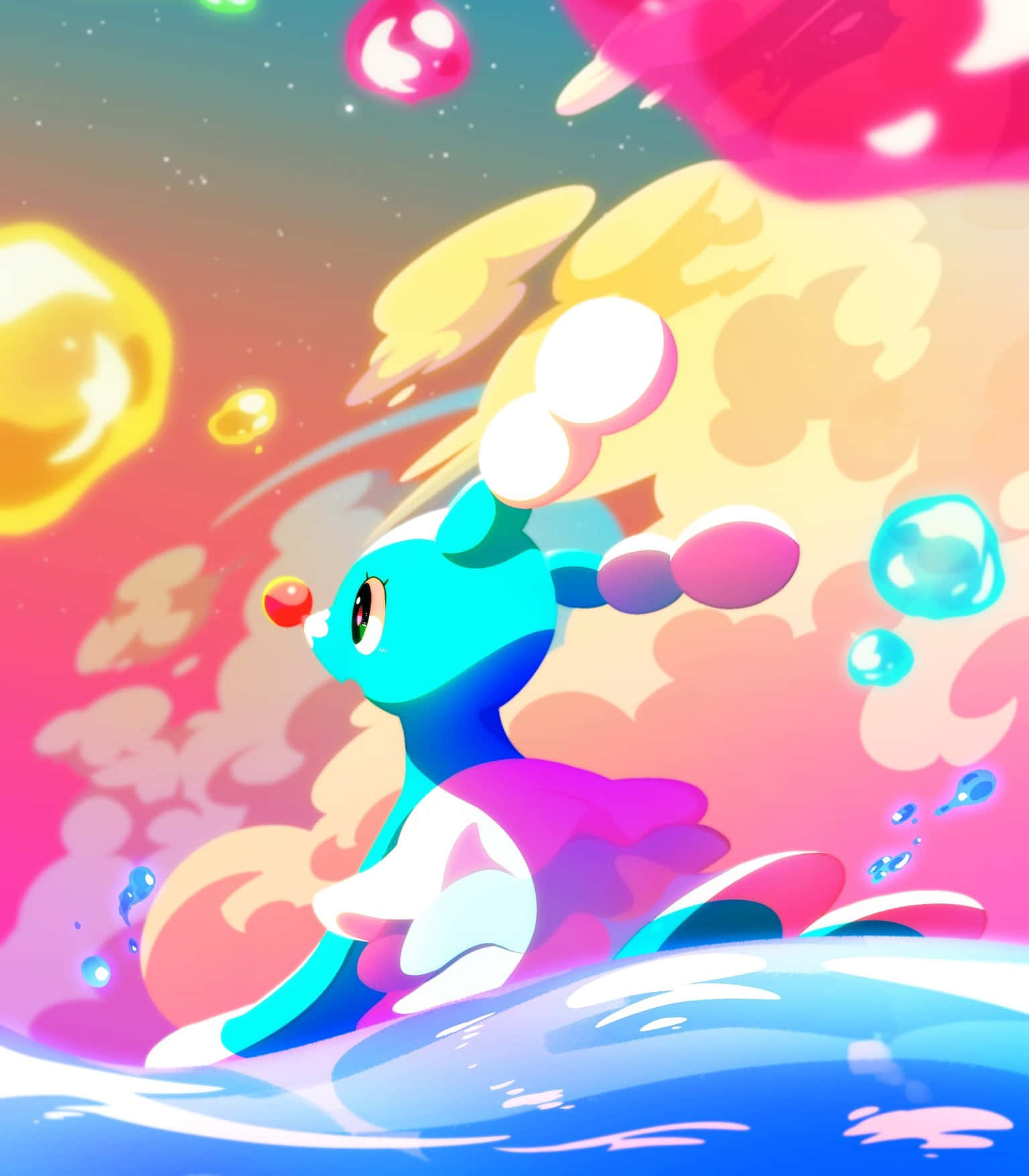 Pokemon Aesthetic 桌布 壁紙 — 一隻充滿活力的藍色卡通生物，長著粉紅色耳朵，在夢幻的數位場景中跳過色彩繽紛的泡泡和宇宙雲層。