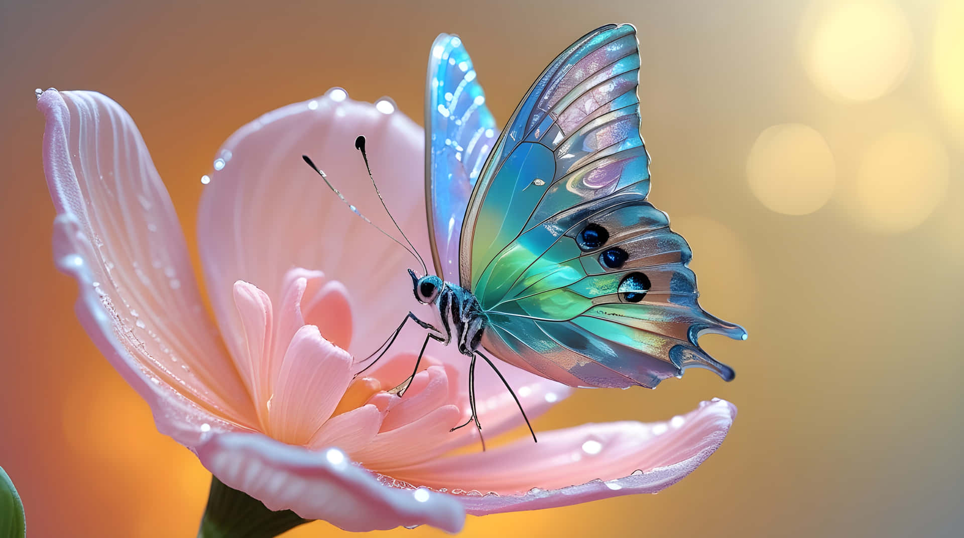Butterfly landscape wallpaper 壁紙 — 一隻充滿活力的藍色和藍綠色蝴蝶，帶有彩虹色的翅膀，輕輕停在一朵柔軟的粉紅色花朵上，花朵上閃爍著露珠，背景是溫暖的金色散景。