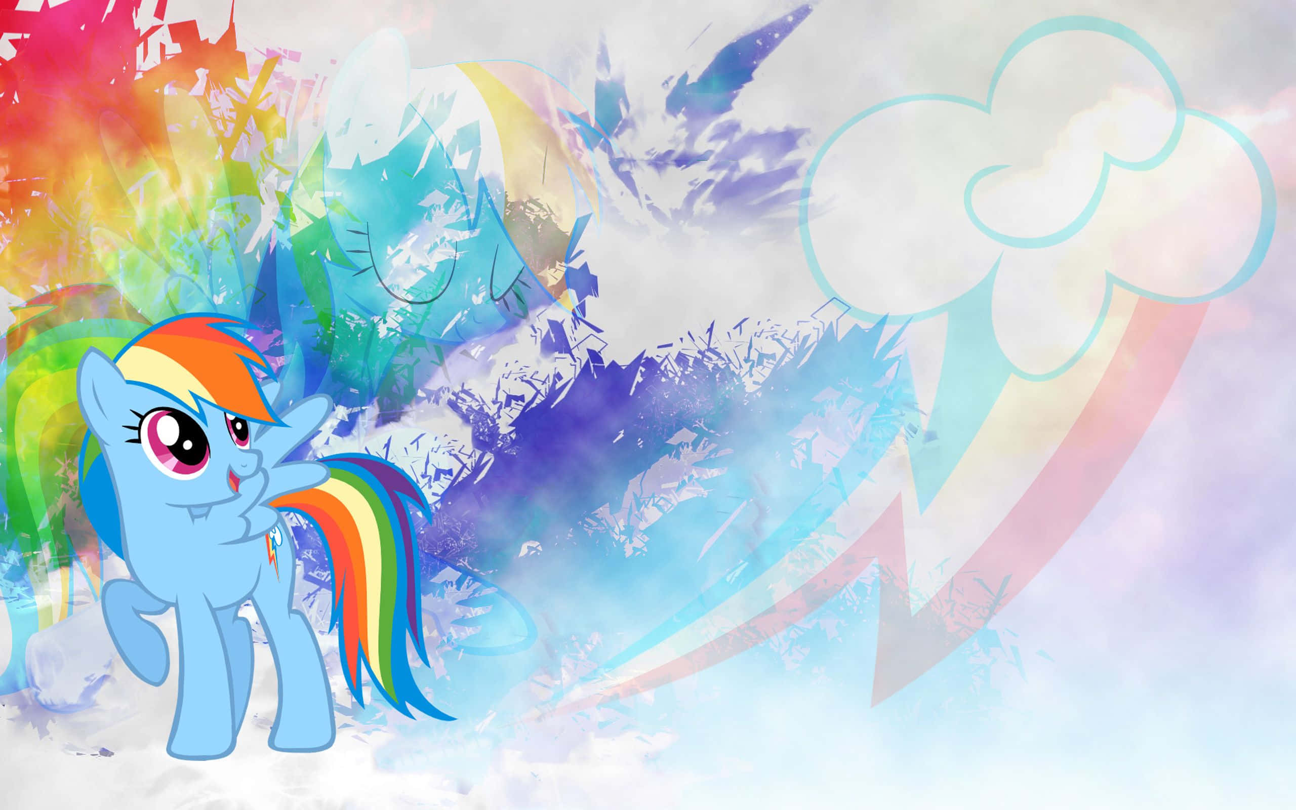 pony 桌布 壁紙 — 一隻充滿活力的藍色小馬，擁有彩虹色的鬃毛和尾巴，自信地站在色彩繽紛的抽象天空前，天空中有彩虹和雲朵。