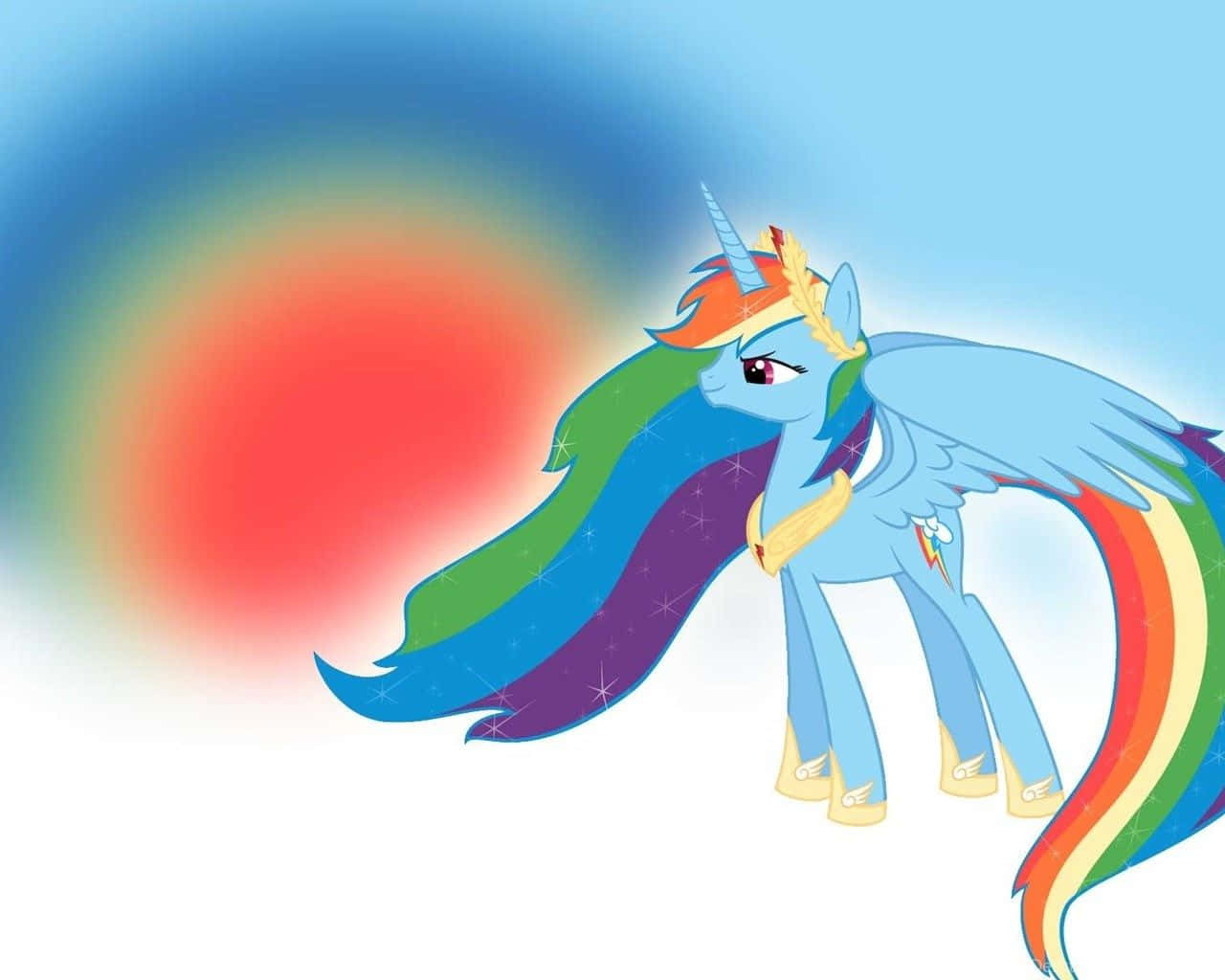 Unicorn Rainbow 桌布 壁紙 — 一隻充滿活力的藍色獨角獸，擁有彩虹色的鬃毛和尾巴，在柔和漸變的天空中，襯托著發光的紅色太陽，驕傲地站立。