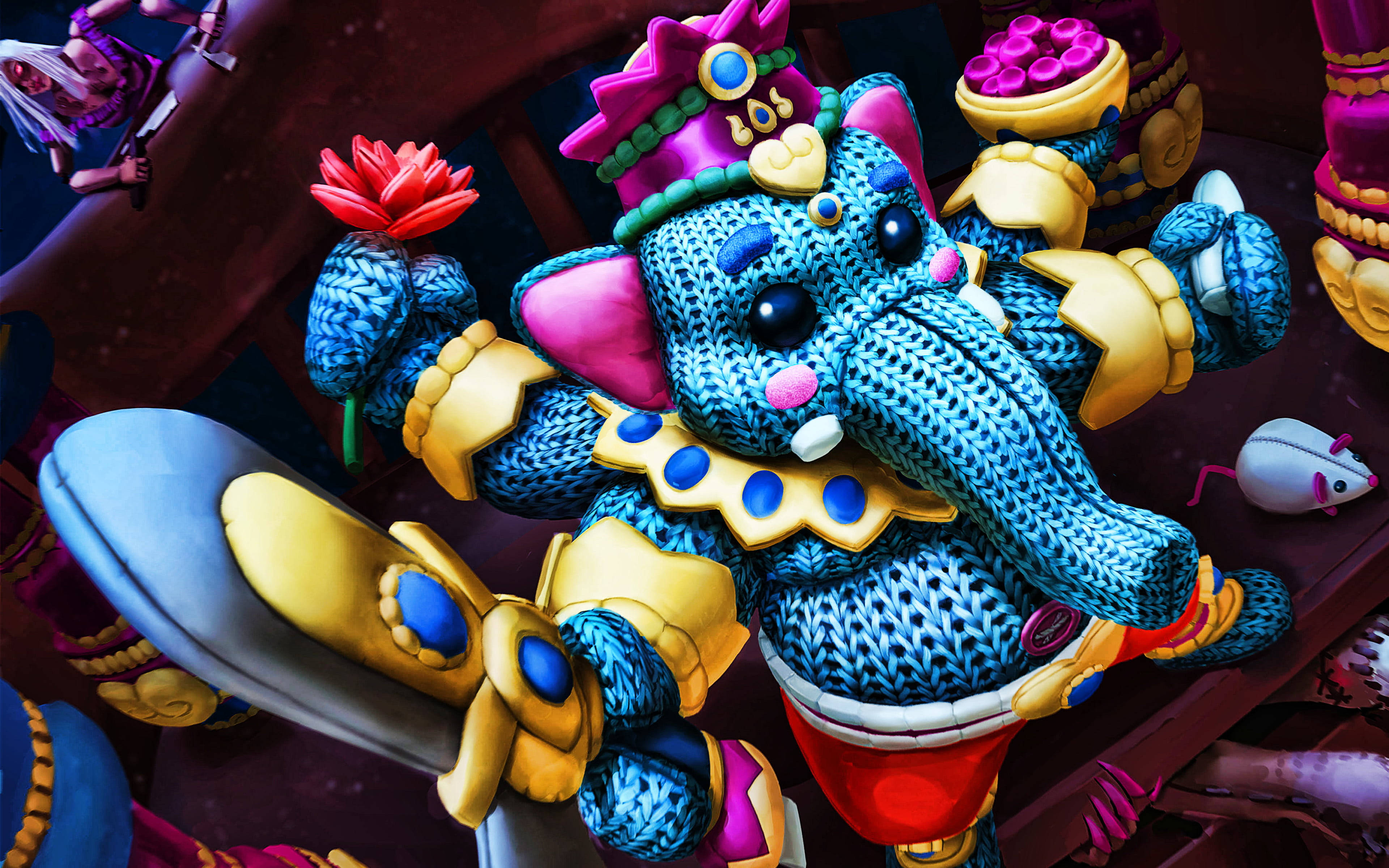 cute ganesha 桌布 壁紙 — 一隻充滿活力的藍色編織大象神祇，飾有金色盔甲和粉紅色點綴，手持劍和蓮花。