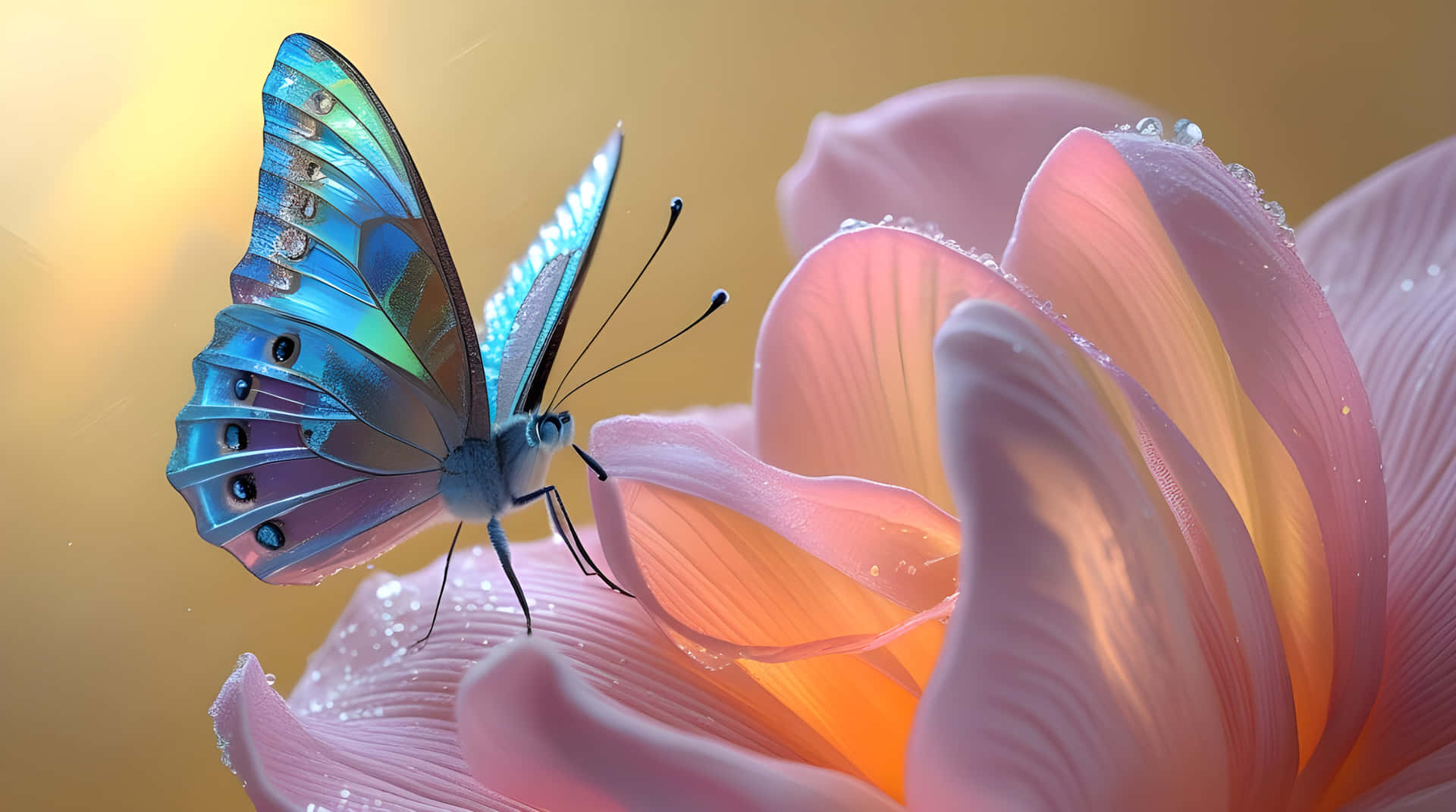 Butterfly in flowers 壁紙 — 一隻充滿活力的藍色虹彩蝴蝶，翅膀鑲嵌寶石，輕輕停駐在柔軟的粉紅色花瓣上，花瓣上點綴著露珠。
