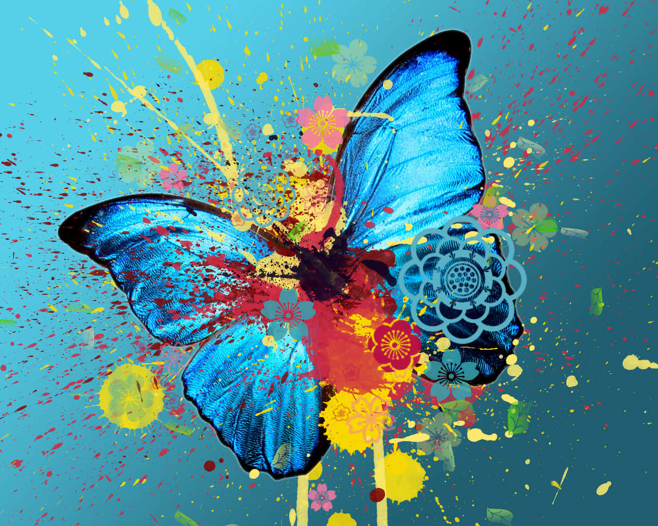 Emerging Butterfly 桌布 壁紙 — 一隻充滿活力的藍色蝴蝶，翅膀精緻複雜，從色彩繽紛的顏料飛濺爆炸中衝出，背景為青綠色。