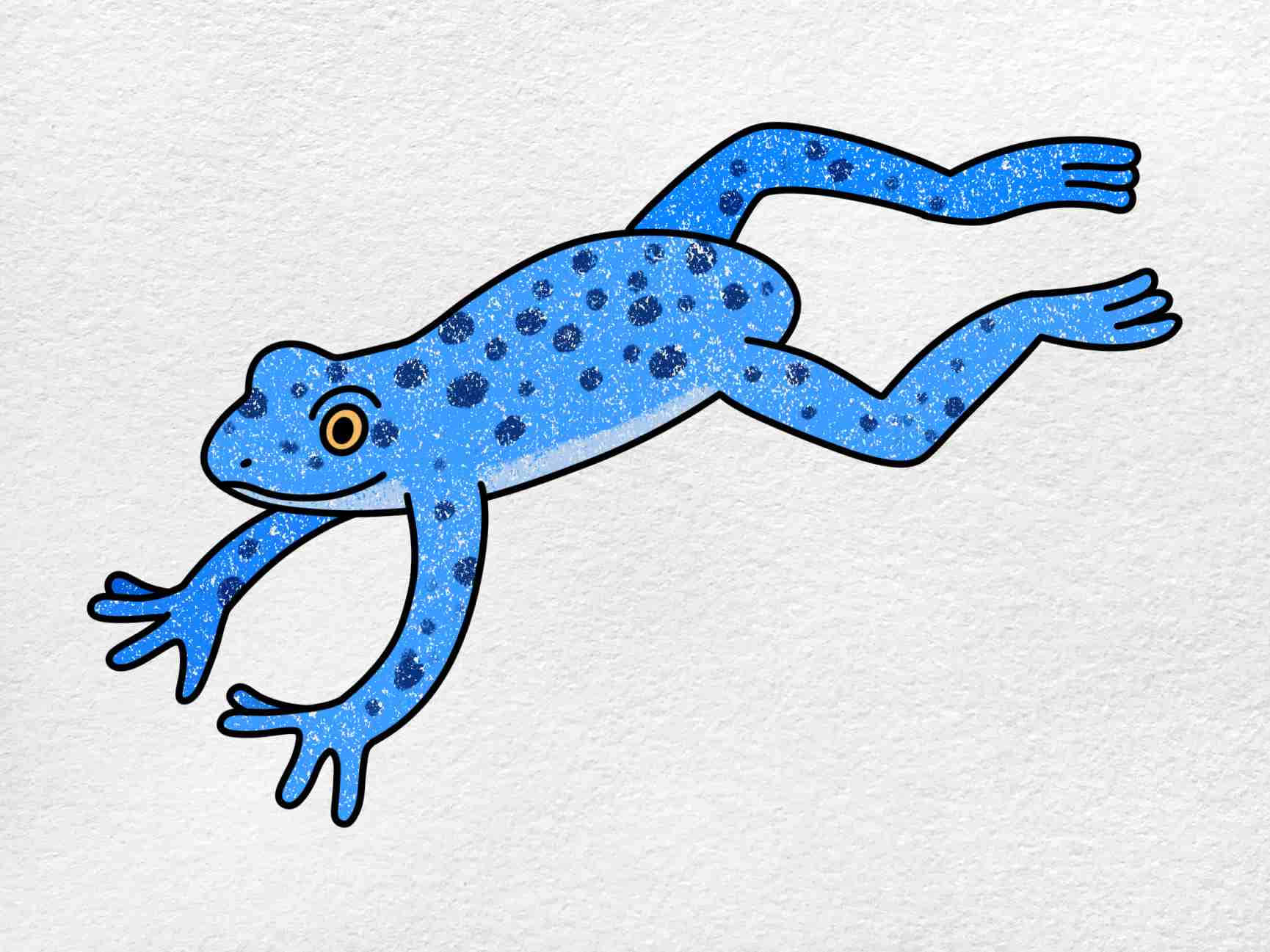 Frog Drawing 桌布 壁紙 — 一隻充滿活力的藍色青蛙帶有深色斑點，在紋理白色背景上動態跳躍。