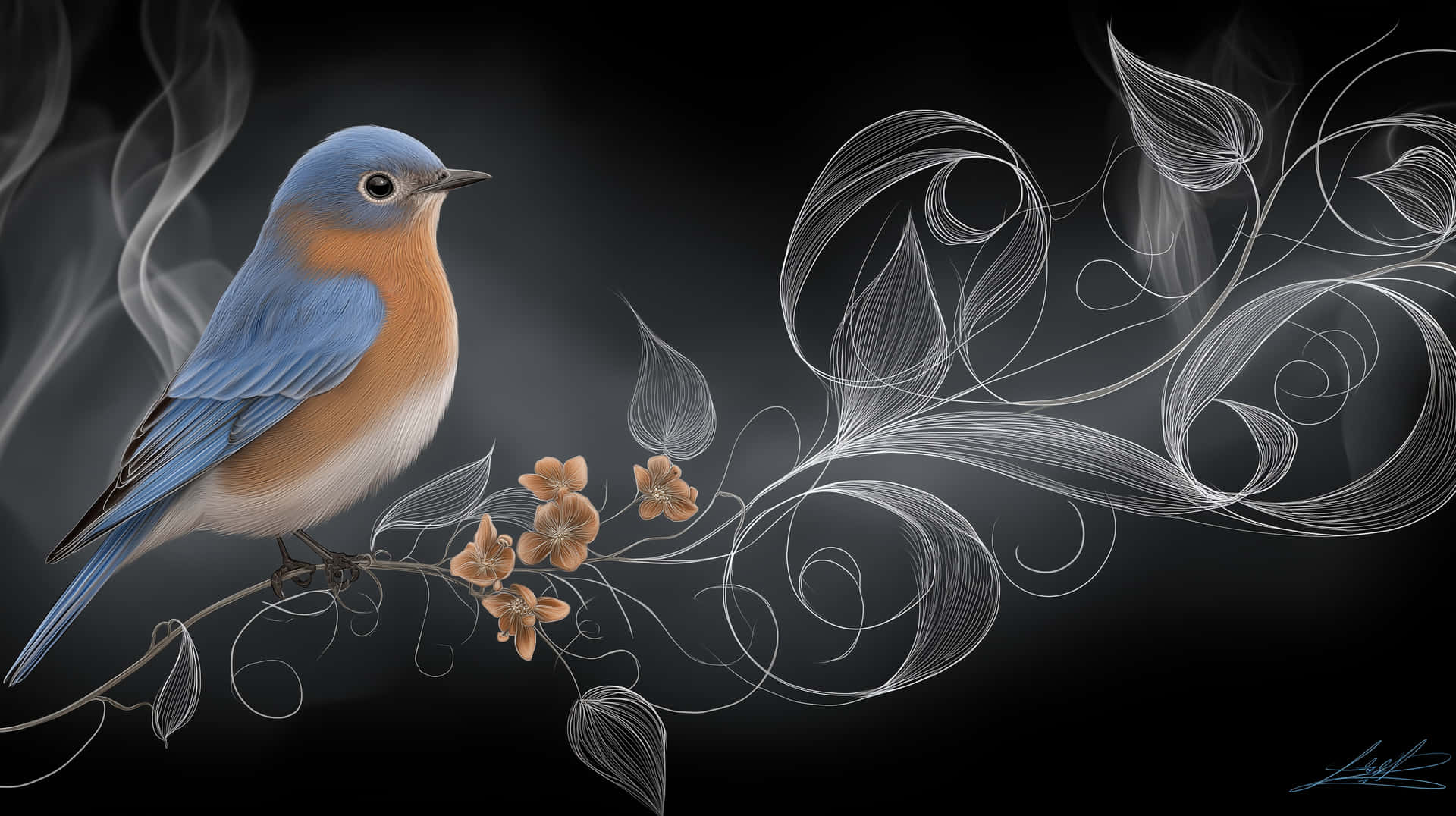 Artistic Bluebird on Branch with Elegant Swirls and Flowers 壁紙 — 一隻充滿活力的藍鳥棲息在樹枝上，伴隨著精緻的花朵，背景是深色，點綴著旋轉的白色線條藝術。