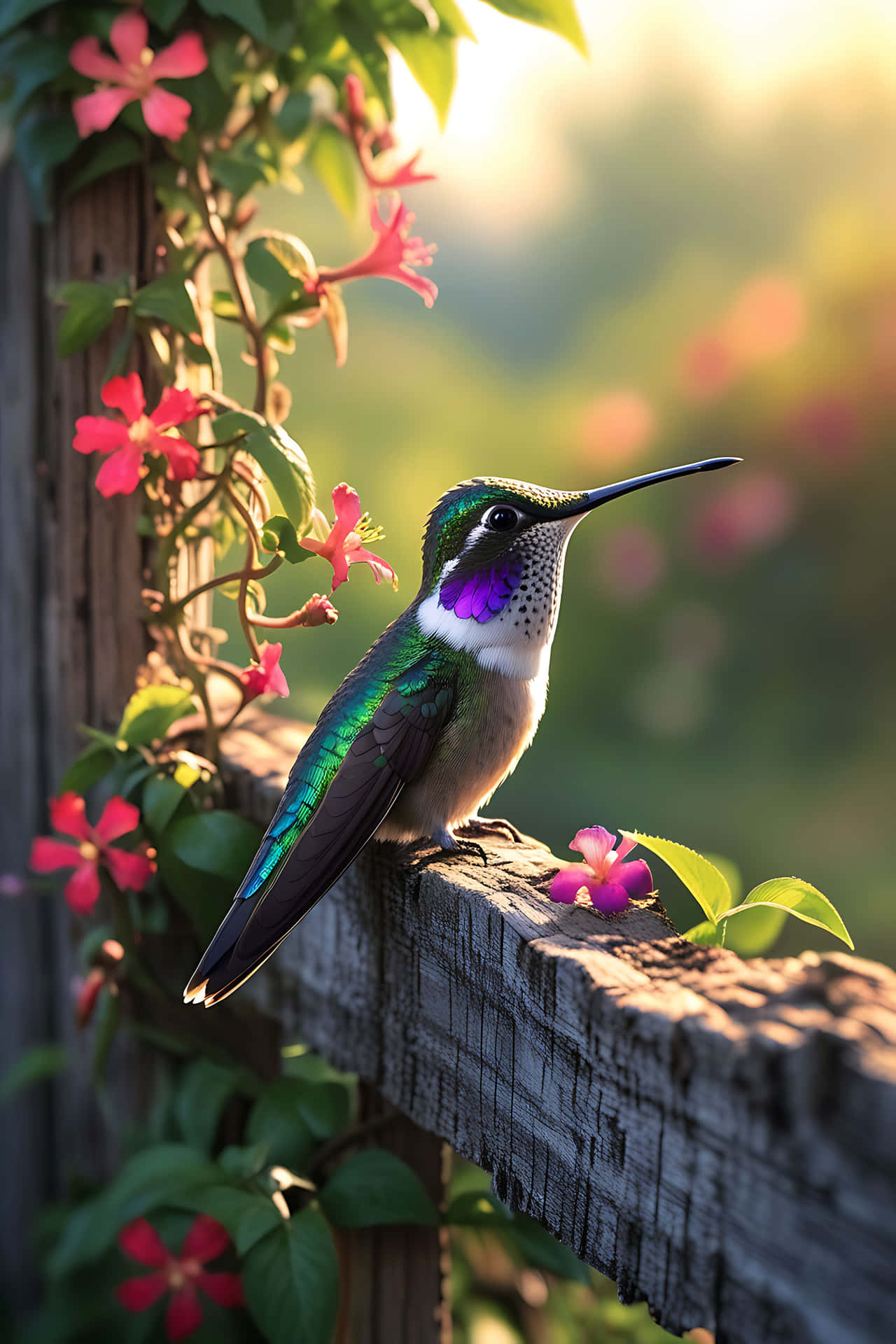 Hummingbird perched on wooden fence 壁紙 — 一隻充滿活力的蜂鳥，帶有彩虹色綠色羽毛和紫色喉嚨，棲息在風化的木柵欄上，旁邊是盛開的粉紅色花朵。