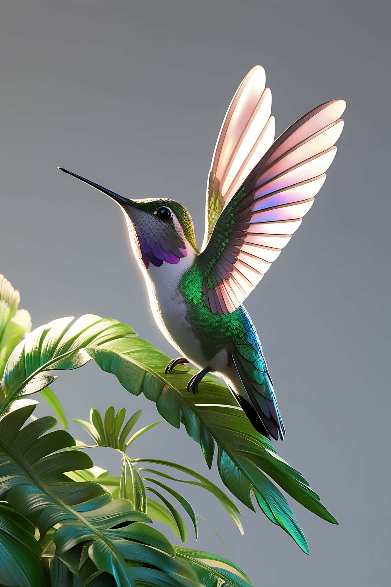 Hummingbird on tropical leaf 壁紙 — 一隻充滿活力的蜂鳥，帶有彩虹色綠色羽毛和紫色喉嚨，在柔和的灰色背景下盤旋在茂密的綠葉附近。