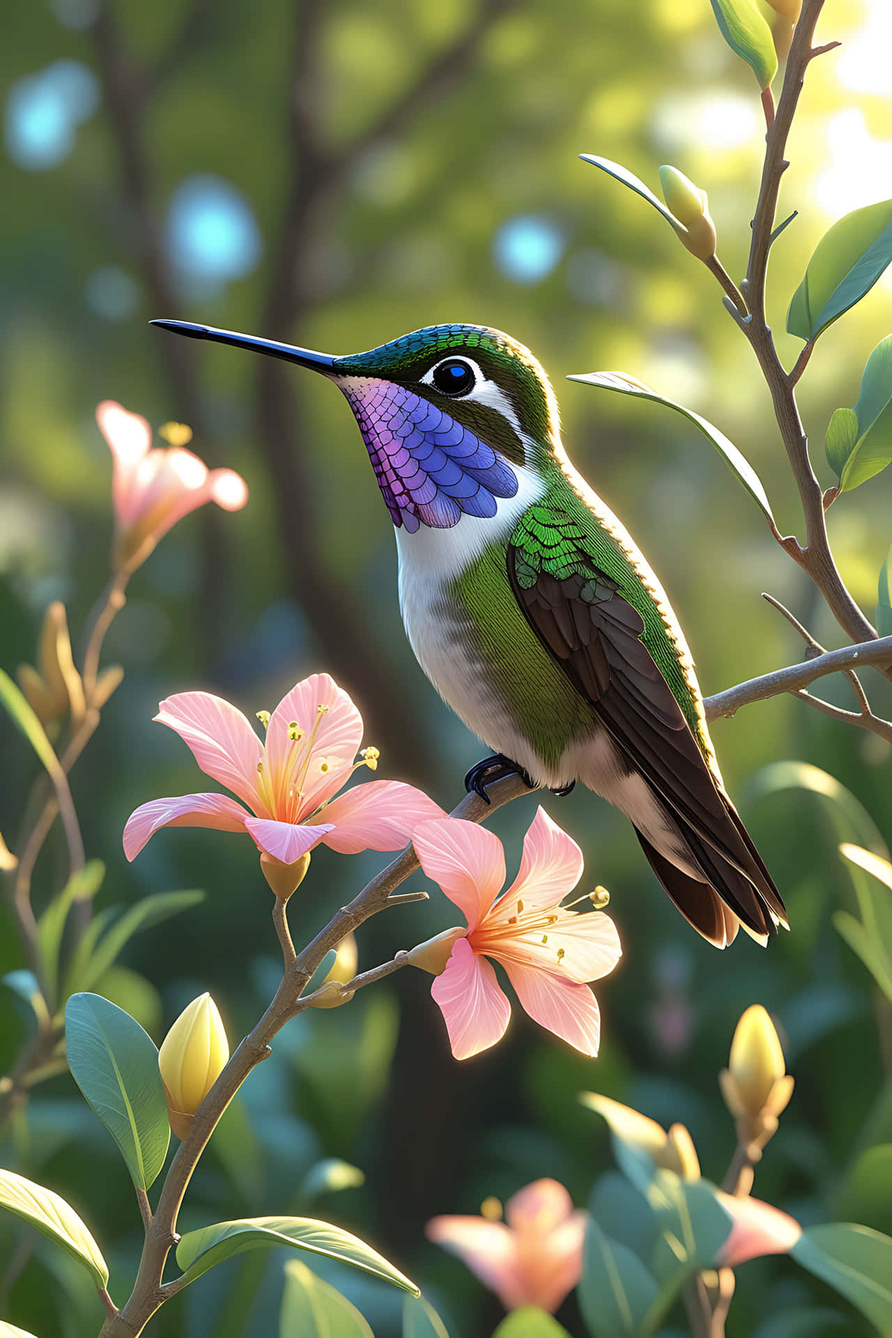 Hummingbird on pink flowers 壁紙 — 一隻充滿活力的蜂鳥，帶有虹彩紫色喉嚨和綠色羽毛，優雅地棲息在裝飾著柔軟粉紅色花朵的樹枝上。