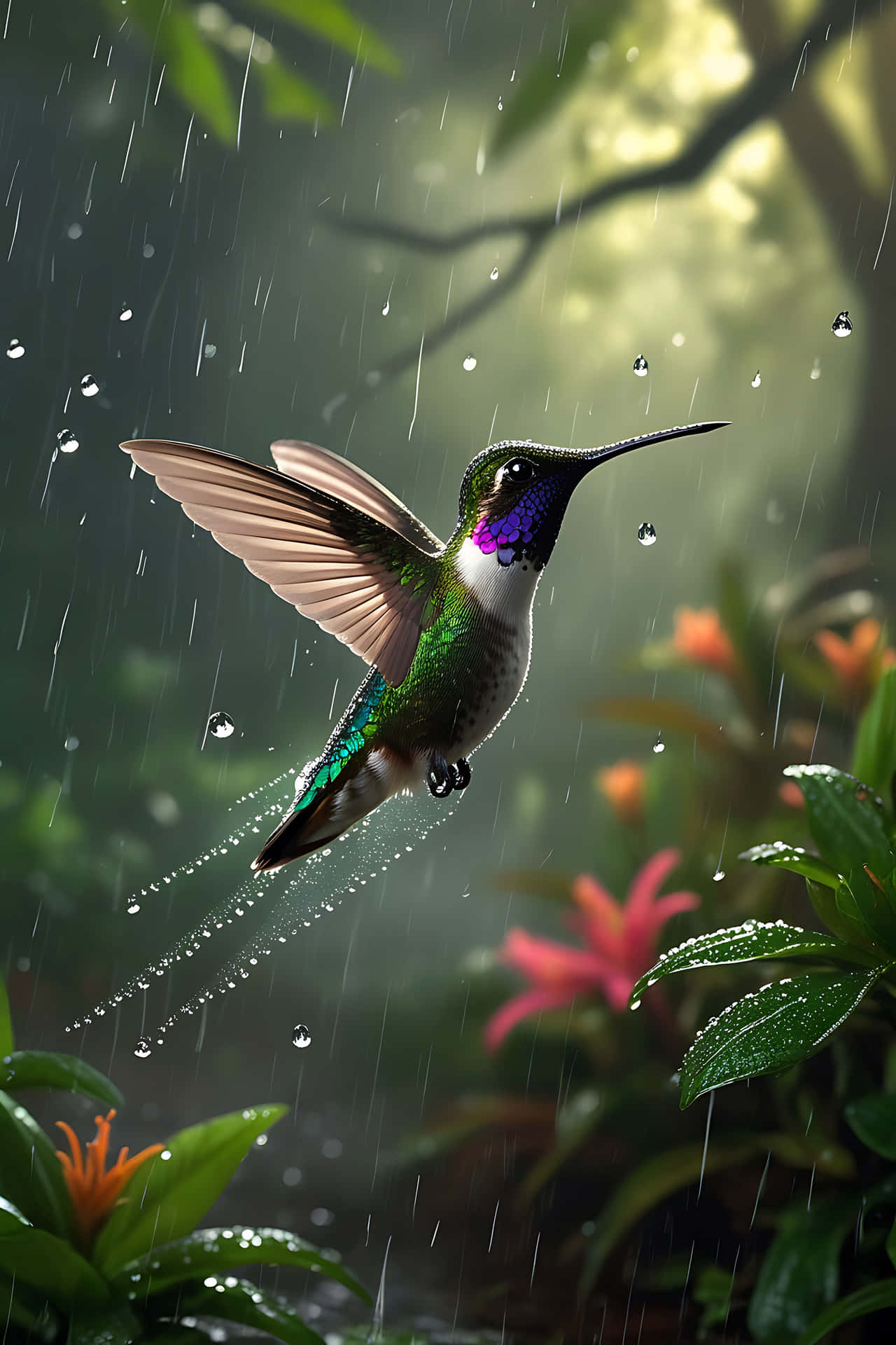 Hummingbird in rainy forest 壁紙 — 一隻充滿活力的蜂鳥，帶有虹彩綠色和紫色羽毛，在茂密的叢林環境中懸停在空中，雨滴在牠周圍飛濺。