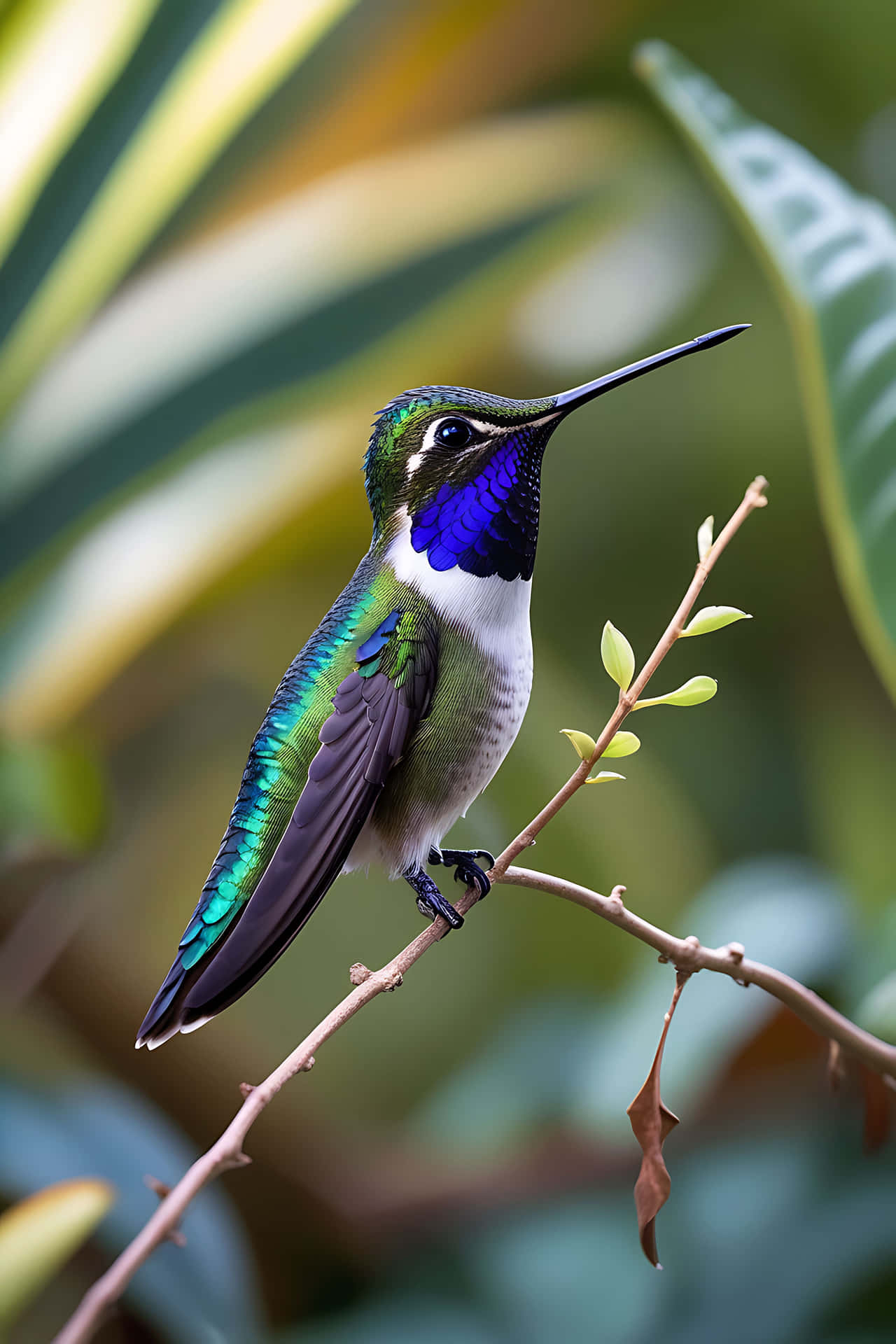 Vibrant hummingbird perched on branch 壁紙 — 一隻充滿活力的蜂鳥，帶有虹彩綠色和紫色羽毛，優雅地棲息在細枝上，背景是柔和模糊的樹葉。