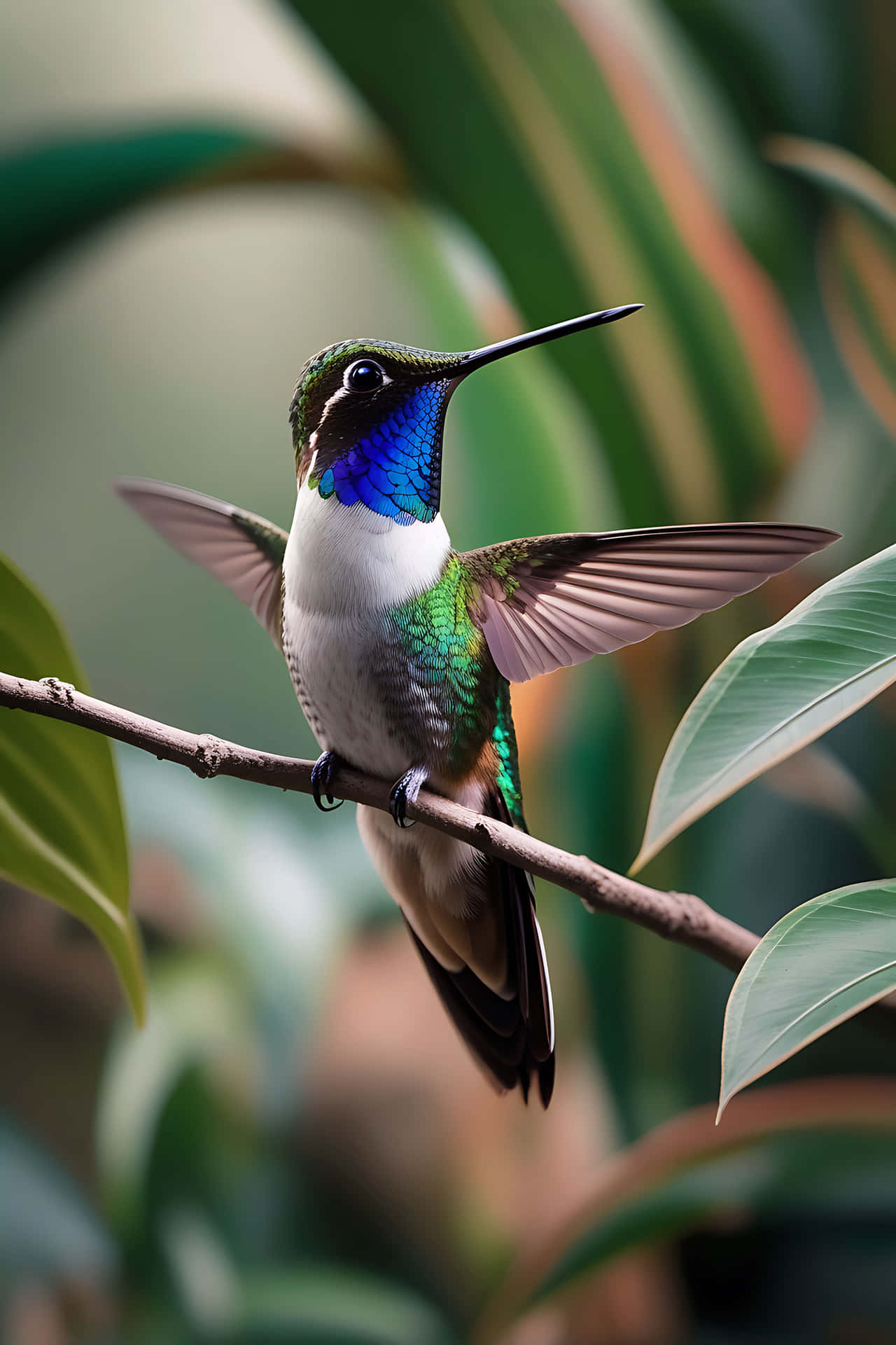 Hummingbird perched on branch 壁紙 — 一隻充滿活力的蜂鳥，帶有虹彩藍色喉嚨和綠色羽毛，棲息在茂密樹葉中的樹枝上。