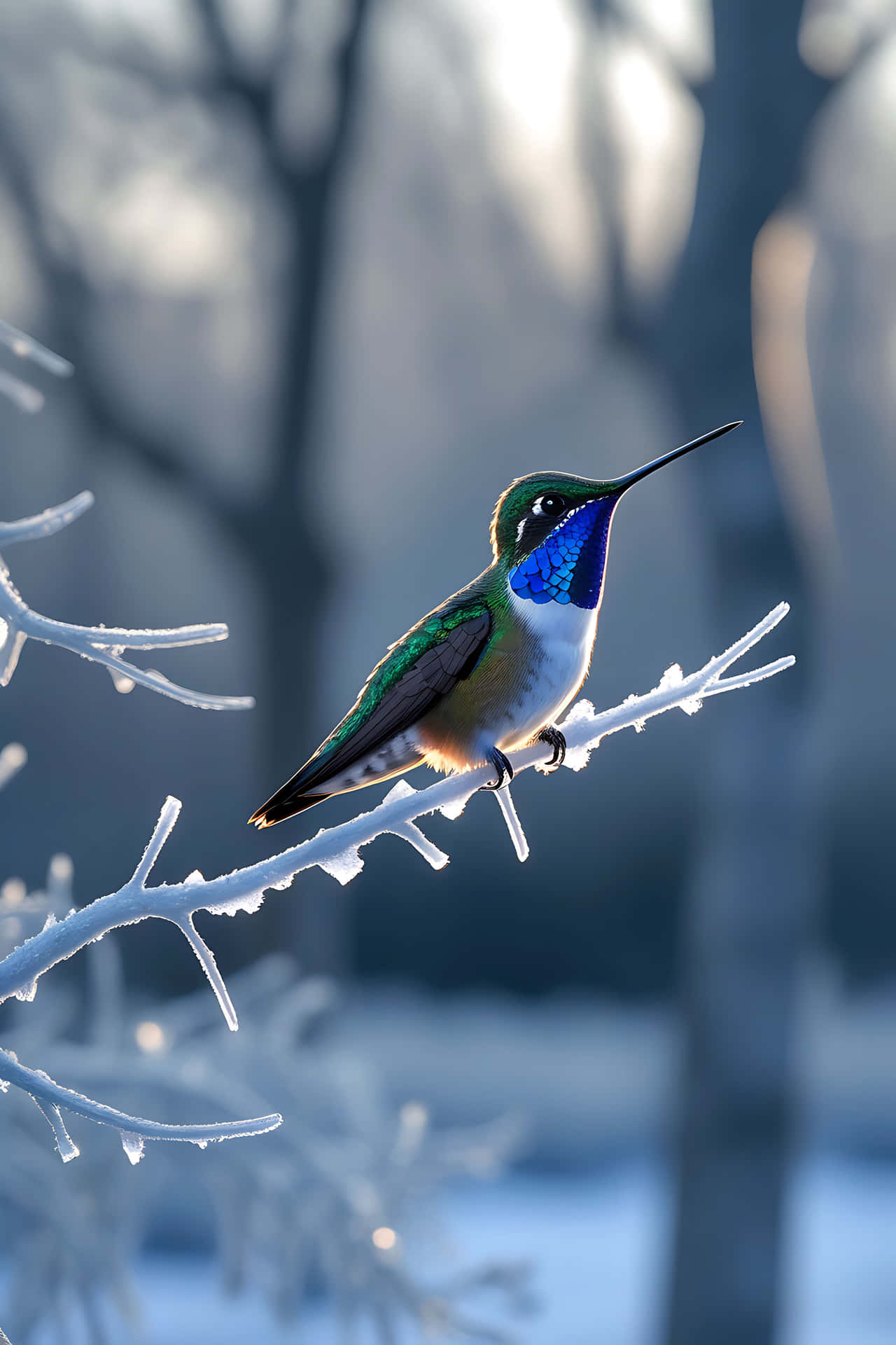 一隻色彩繽紛的蜂鳥棲息在雪地冬季森林中的冰凍樹枝上。 — 鳥 壁紙
