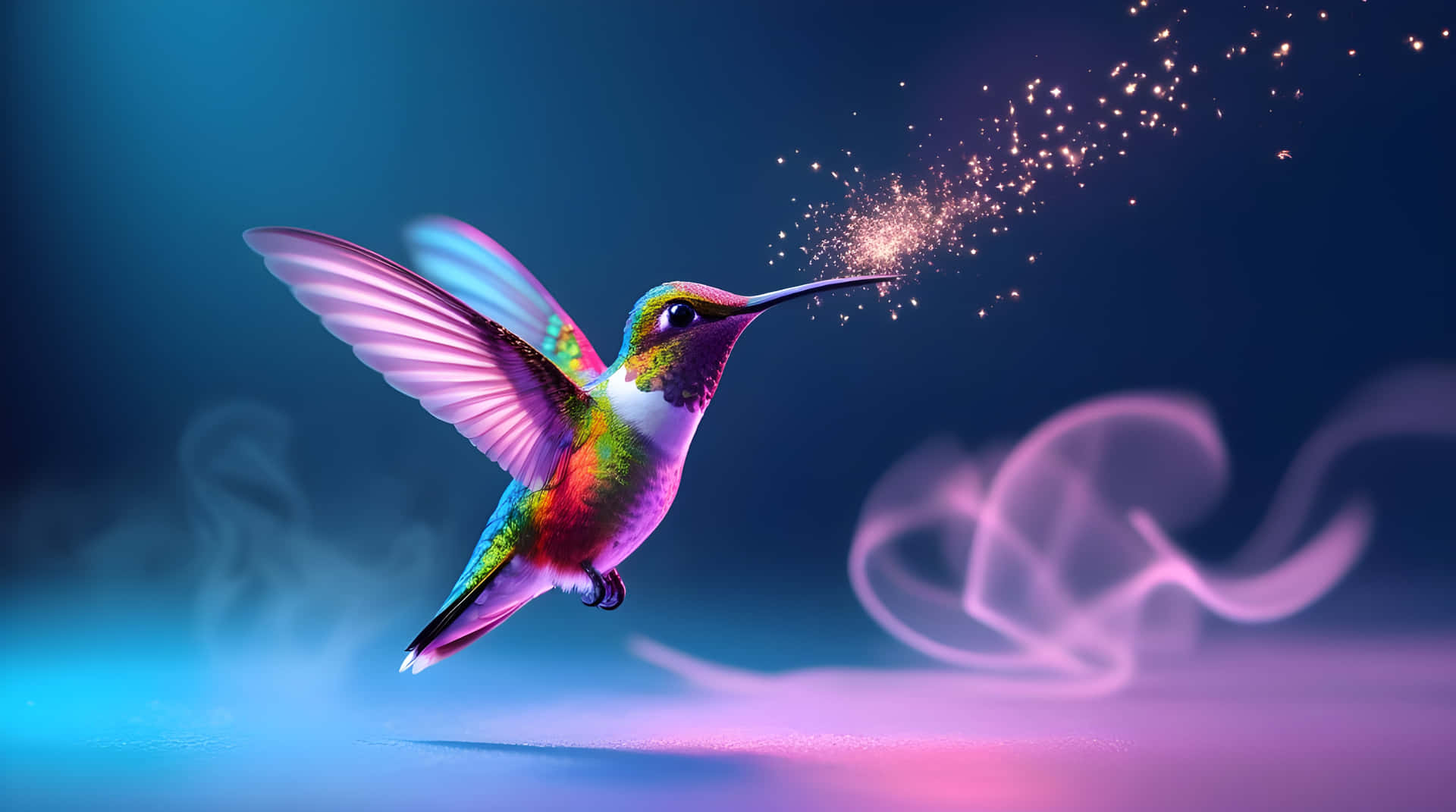 A cute neon lighting hummingbirds flying wallpaper 壁紙 — 一隻充滿活力的蜂鳥在半空中盤旋，散發出閃爍的粒子，背景是藍色和紫色的漸變，帶有飄渺的煙霧漩渦。