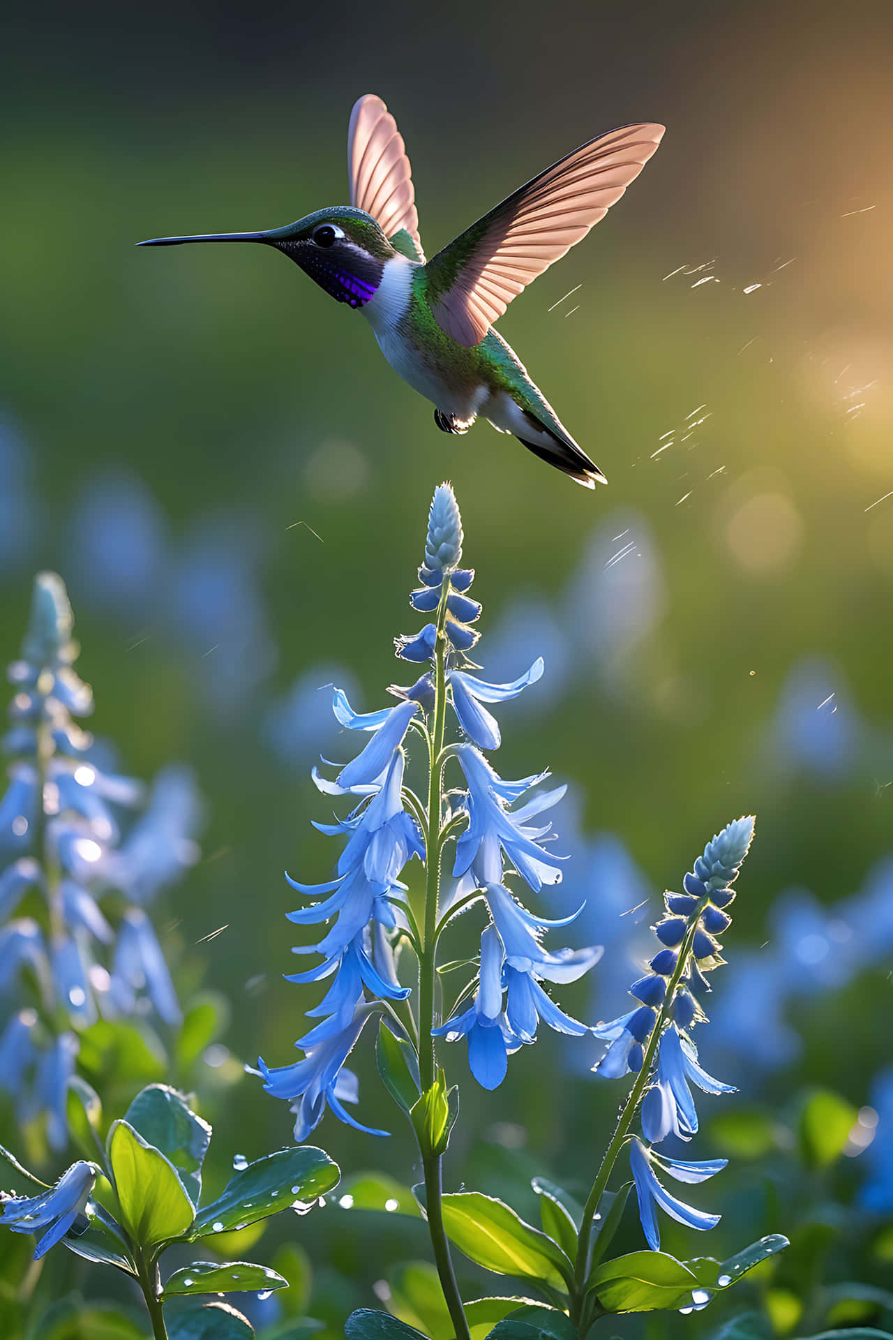蜂鳥在藍色花朵附近盤旋，翅膀因運動模糊，葉子上有露珠 — 鳥 壁紙