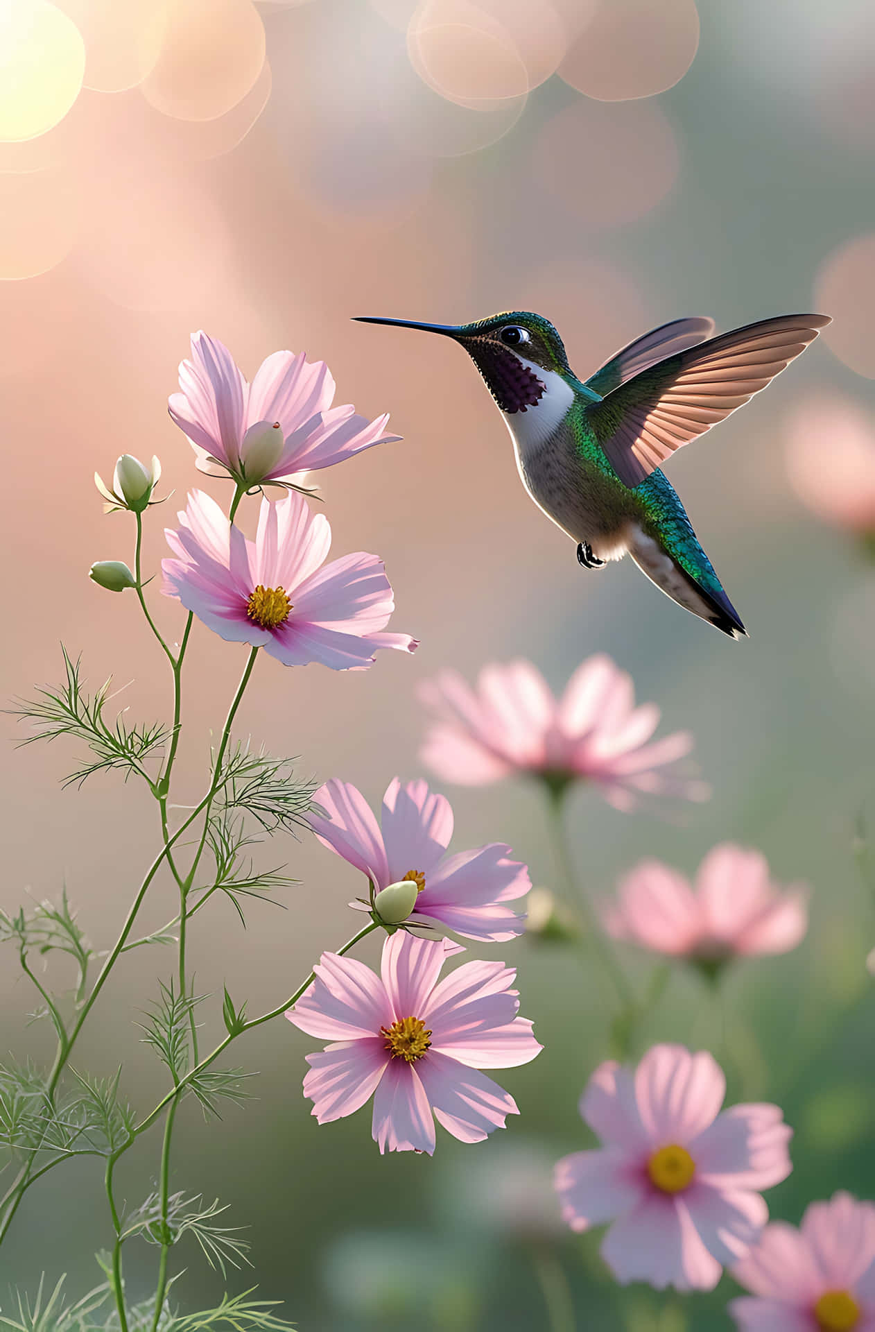 Hummingbird feeding on pink cosmos 壁紙 — 一隻充滿活力的蜂鳥在柔和的金色散景背景下，靠近精緻的粉紅色大波斯菊花盤旋。