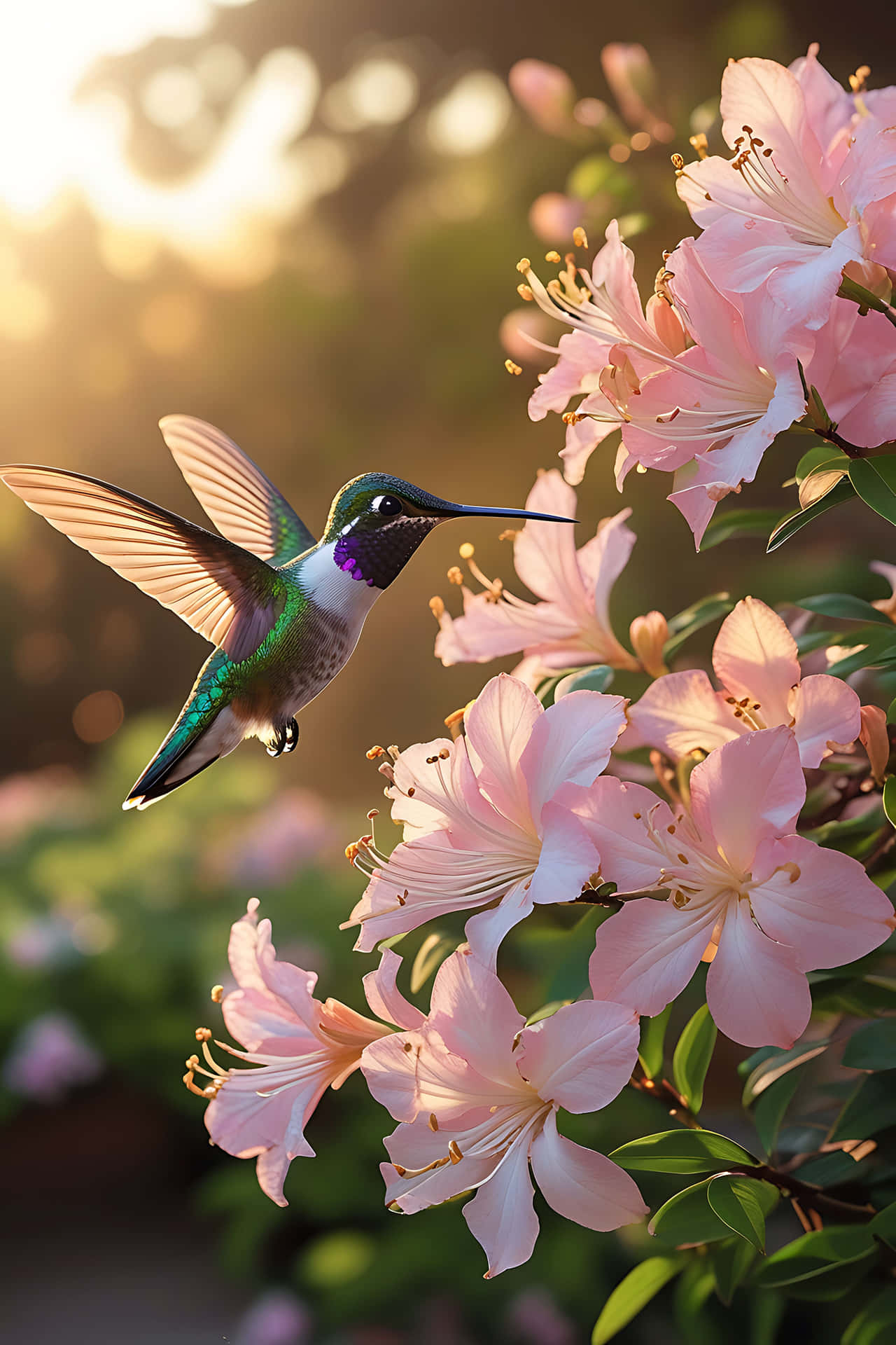 Hummingbird feeding on pink flowers 壁紙 — 一隻充滿活力的蜂鳥在沐浴著金色陽光的嬌嫩粉紅杜鵑花附近盤旋。