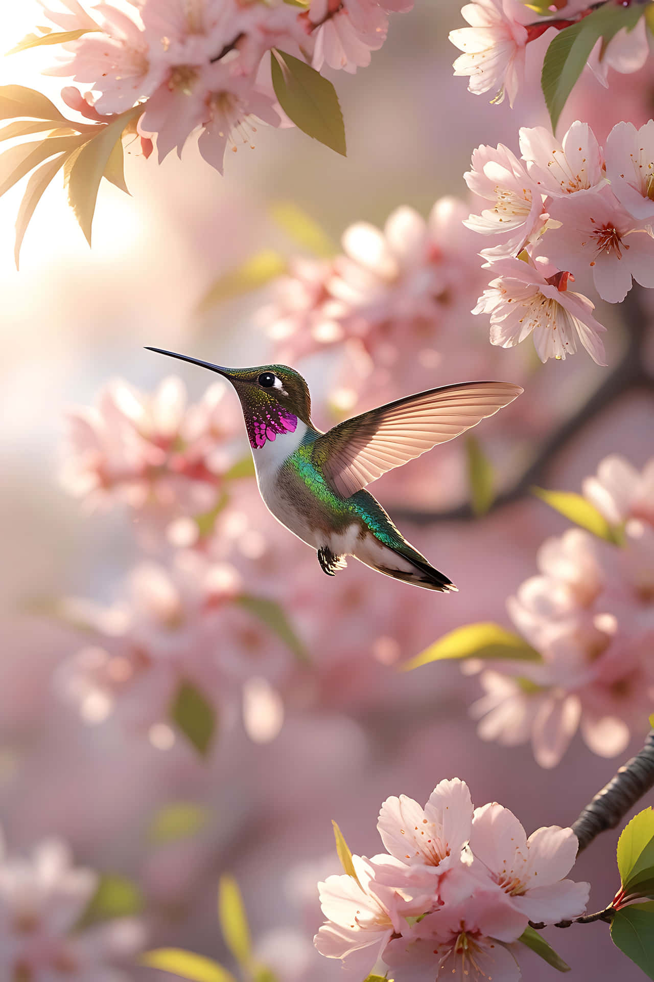 Hummingbird amidst cherry blossoms 壁紙 — 一隻充滿活力的蜂鳥在溫暖陽光下優雅地盤旋於柔和的粉紅櫻花之間。