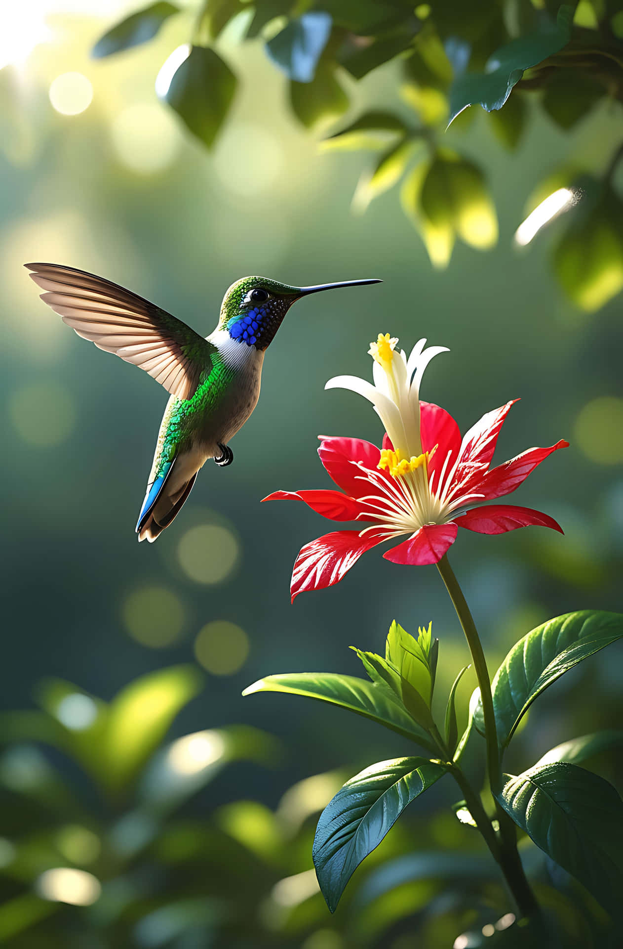 Hummingbird feeding on red flower 壁紙 — 一隻充滿活力的蜂鳥在紅白相間的花朵附近盤旋，陽光透過綠葉灑落。