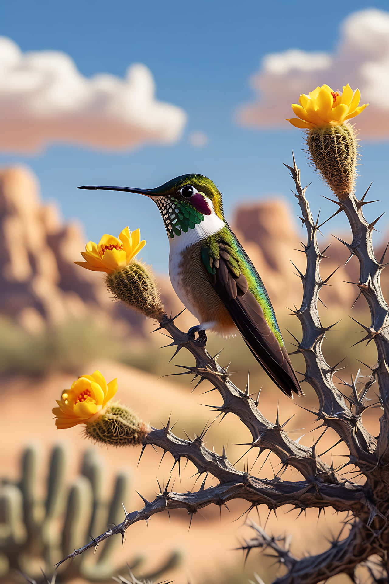 Hummingbird perched on cactus bloom 壁紙 — 一隻充滿活力的蜂鳥棲息在帶有黃色花朵的多刺仙人掌枝條上，背景是沙漠天空。