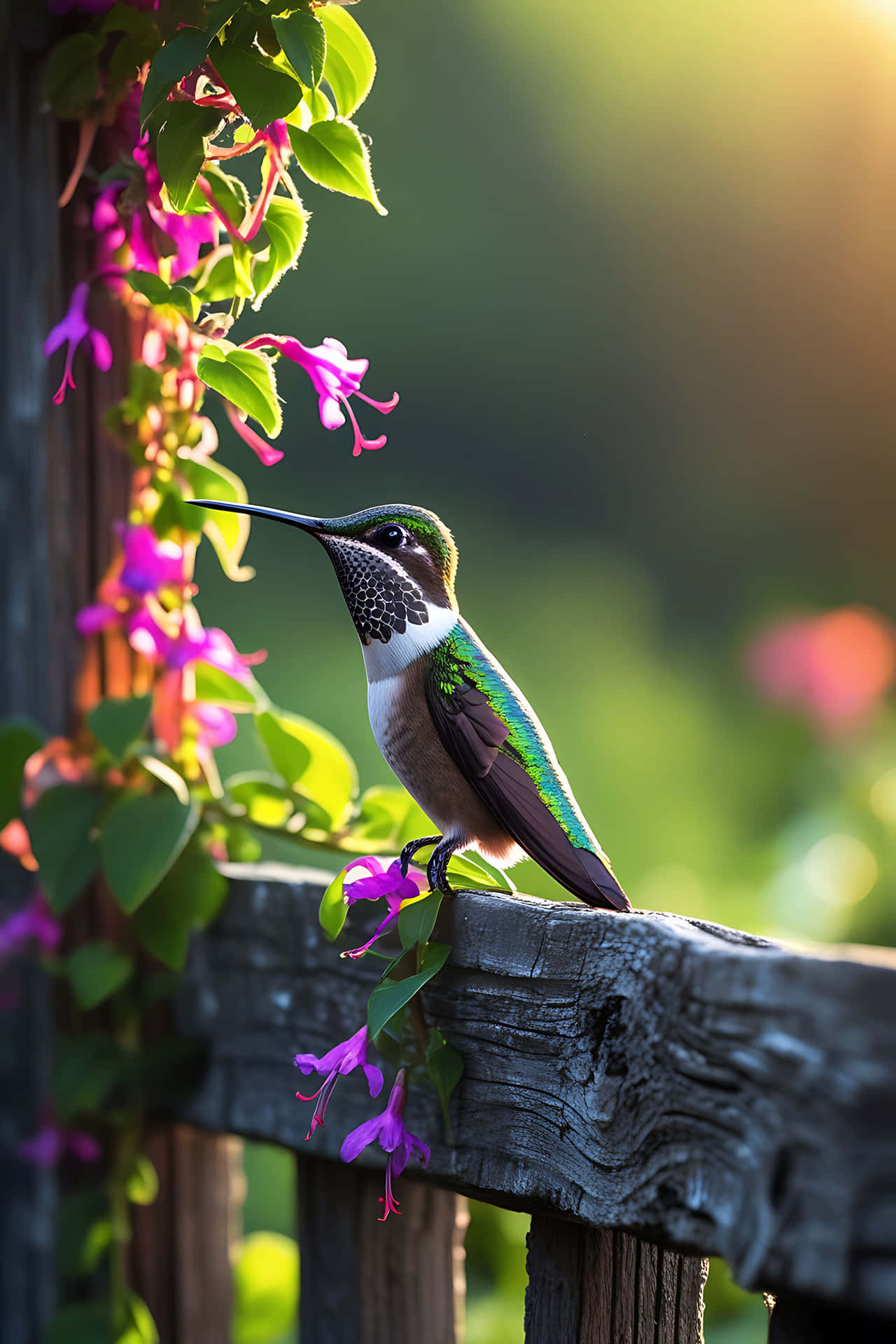 Hummingbird feeding on purple flowers 壁紙 — 一隻充滿活力的蜂鳥棲息在風化的木柵欄上，啜飲著沐浴在金色陽光下的紫色瀑布花的花蜜。