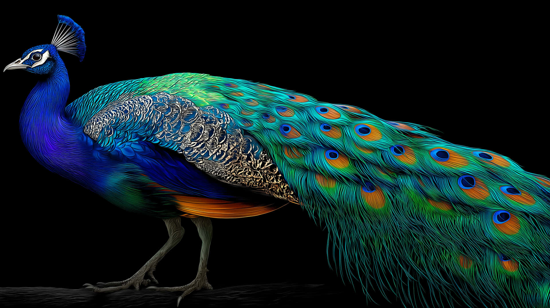 Majestic Hyper-realistic Peacock with Extended Tail Feathers 壁紙 — 一隻充滿活力的雄性孔雀站在純黑色背景前，其閃爍的藍綠色和金色羽毛完全展開。