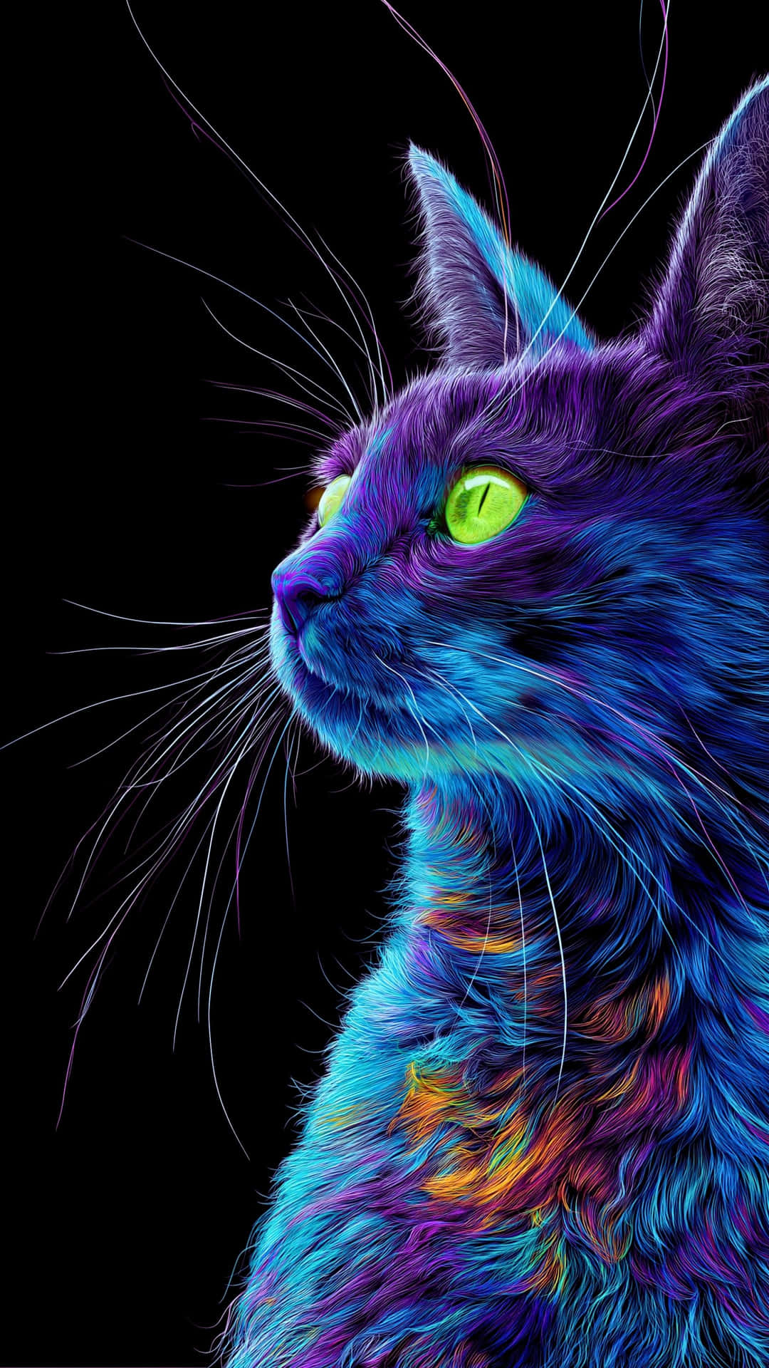 A vibrant and artistic close-up of a cat with electric blue and purple fur, illuminated with glowing 壁紙 — 一隻充滿活力的霓虹貓，擁有發光的綠色眼睛和電光藍紫色毛髮，在純黑背景下格外突出。