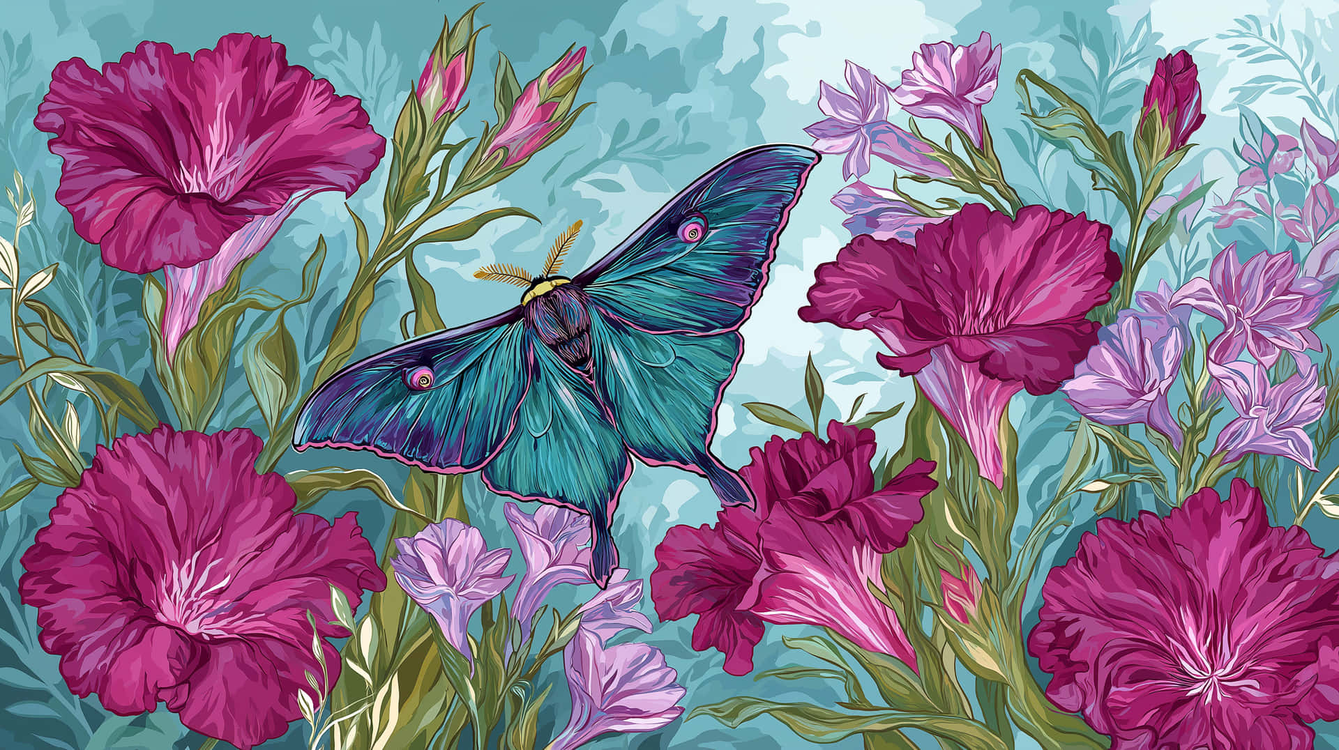 Grand Luna Moth and Large Wildflowers Seamless Pattern 壁紙 — 一隻充滿活力的青綠色飛蛾帶有紫色點綴，在洋紅色和薰衣草花叢中盤旋，背景為青綠色。