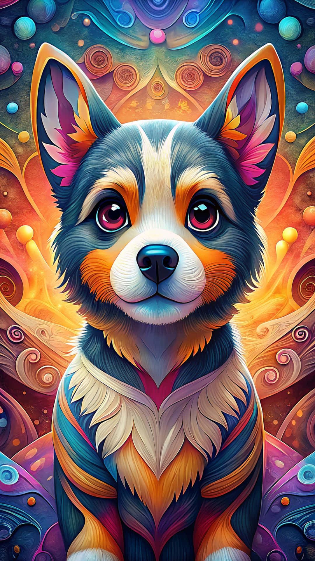 Wallpaper dog 壁紙 — 一隻充滿活力的風格化小狗，擁有彩色毛髮和發光的眼睛，坐在橙色、紫色和藍色的漩渦宇宙背景前。