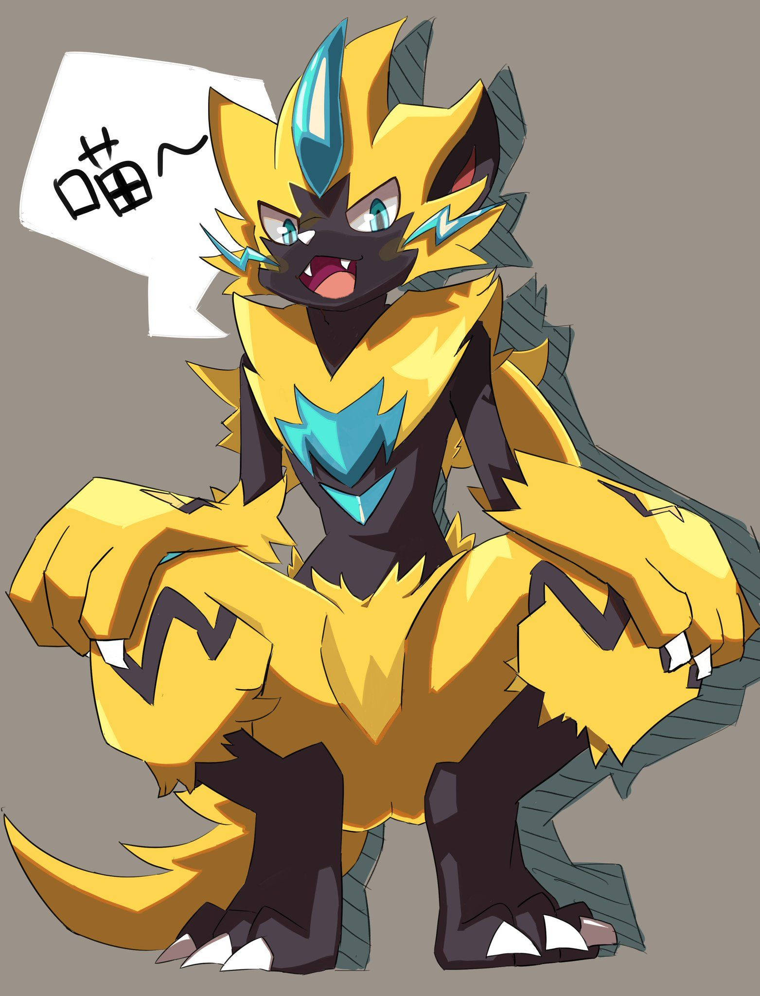 Zeraora 桌布 壁紙 — 一隻充滿活力的黃色和藍綠色動漫風格龍，帶有尖銳的刺和頑皮的表情，發出像貓一樣的聲音。
