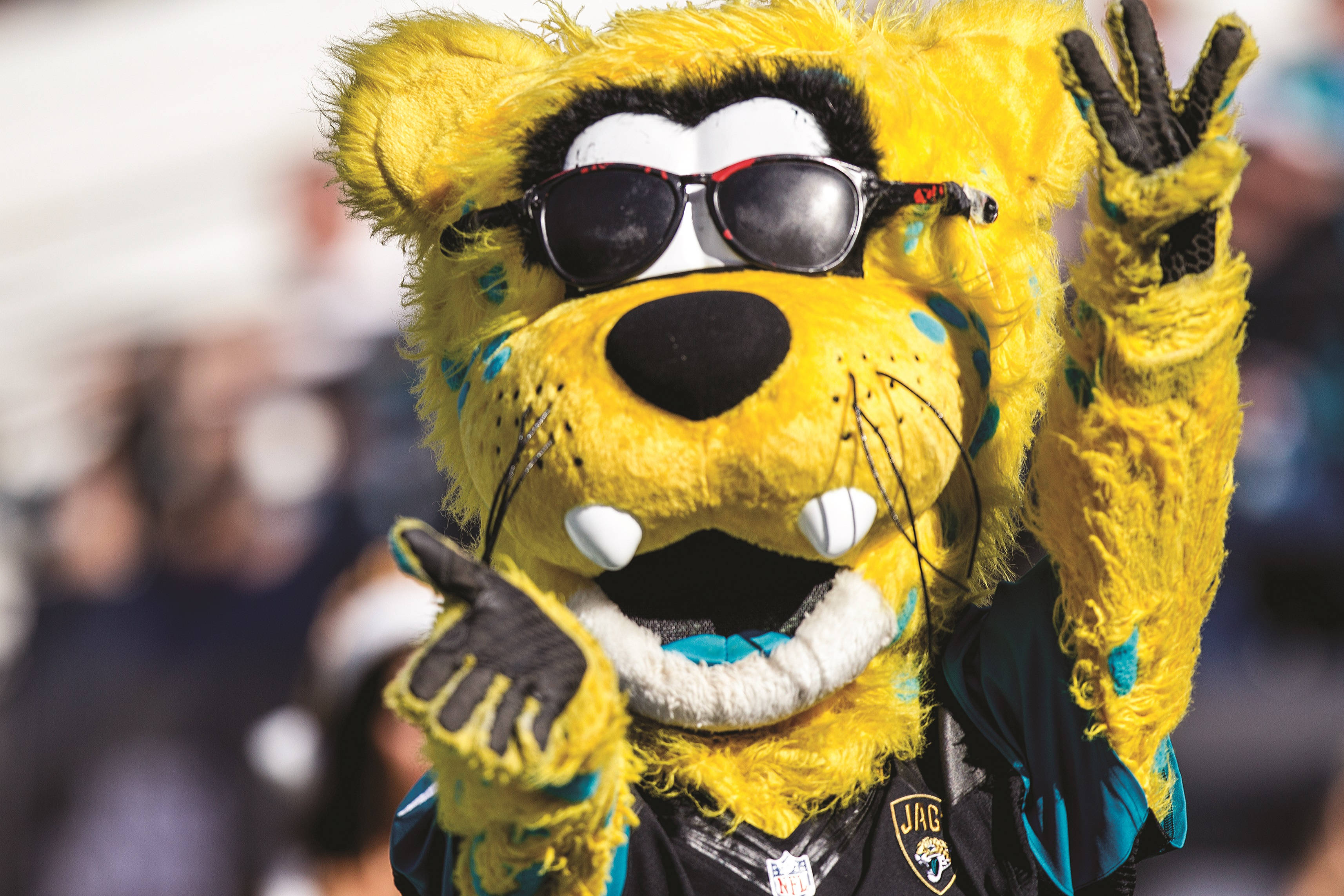 Jaguars 桌布 壁紙 — 一隻充滿活力的黃色美洲虎吉祥物，戴著太陽眼鏡和黑色球衣，熱情地向粉絲揮手。
