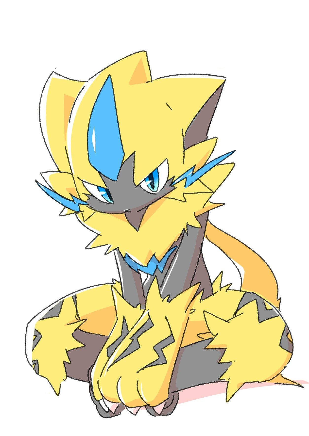 Zeraora 桌布 壁紙 — 一隻充滿活力的黃藍色動漫風格寶可夢，擁有尖刺毛髮和閃電圖案，自信地坐在純白色背景前。